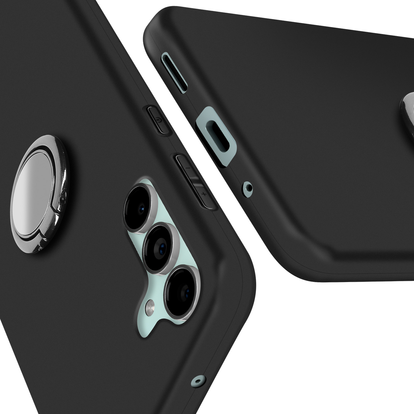 Due custodie per telefono nere con un anello d'argento e fotocamere posteriori. Primo piano, vista laterale.
