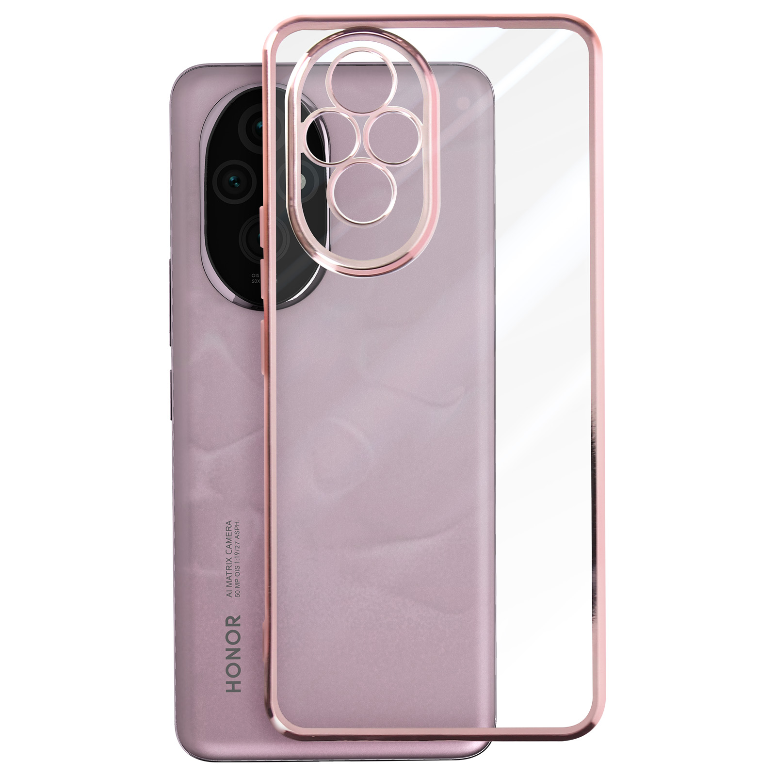 Uno smartphone è in una custodia trasparente con un telaio rosa. La parte posteriore del telefono è rosa.
