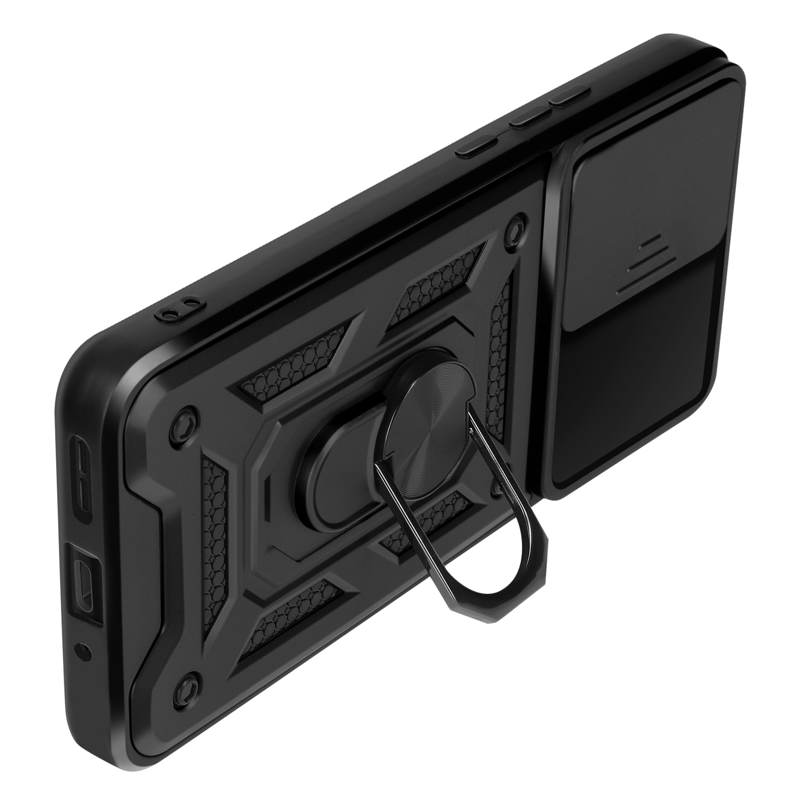 Custodia nera per telefono con anello. Ha una copertura per fotocamera.