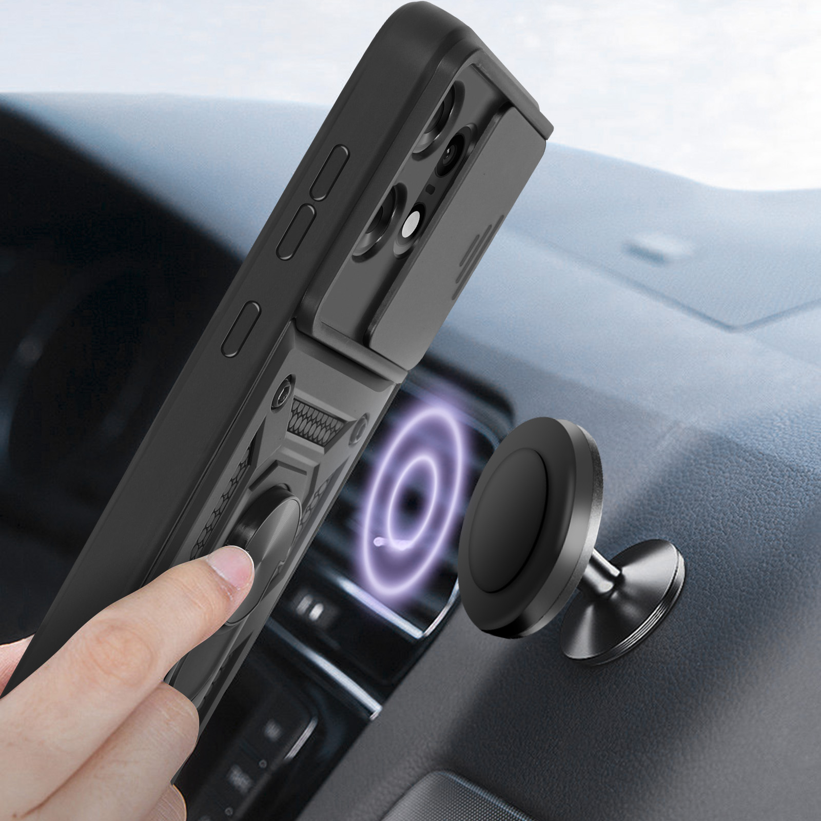 Una custodia nera per telefono attaccata al cruscotto dell'auto. È visibile un supporto magnetico per telefono.
