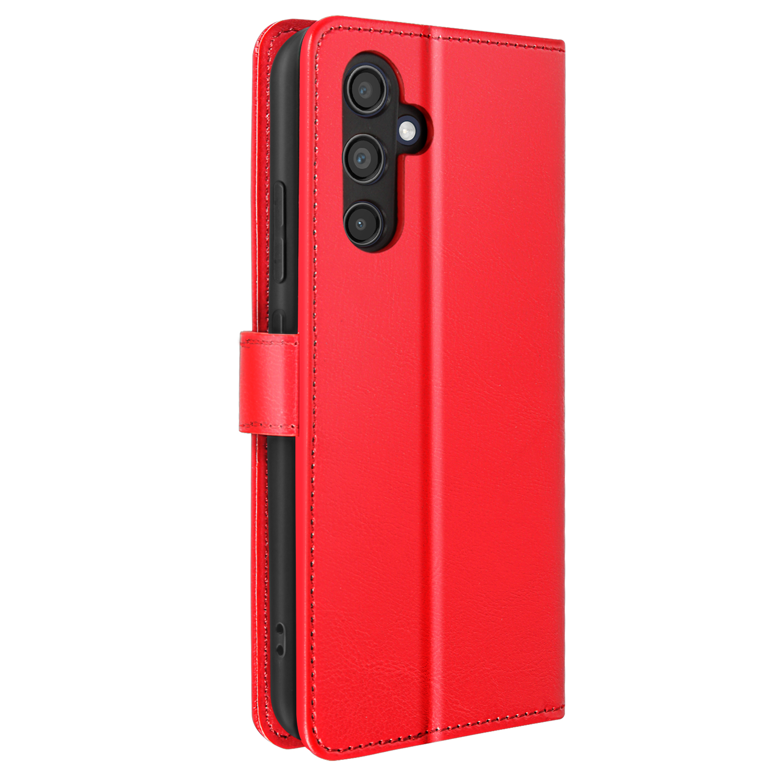Rote Handyhülle, geöffnet, um ein schwarzes Telefon mit Kameras zu zeigen.