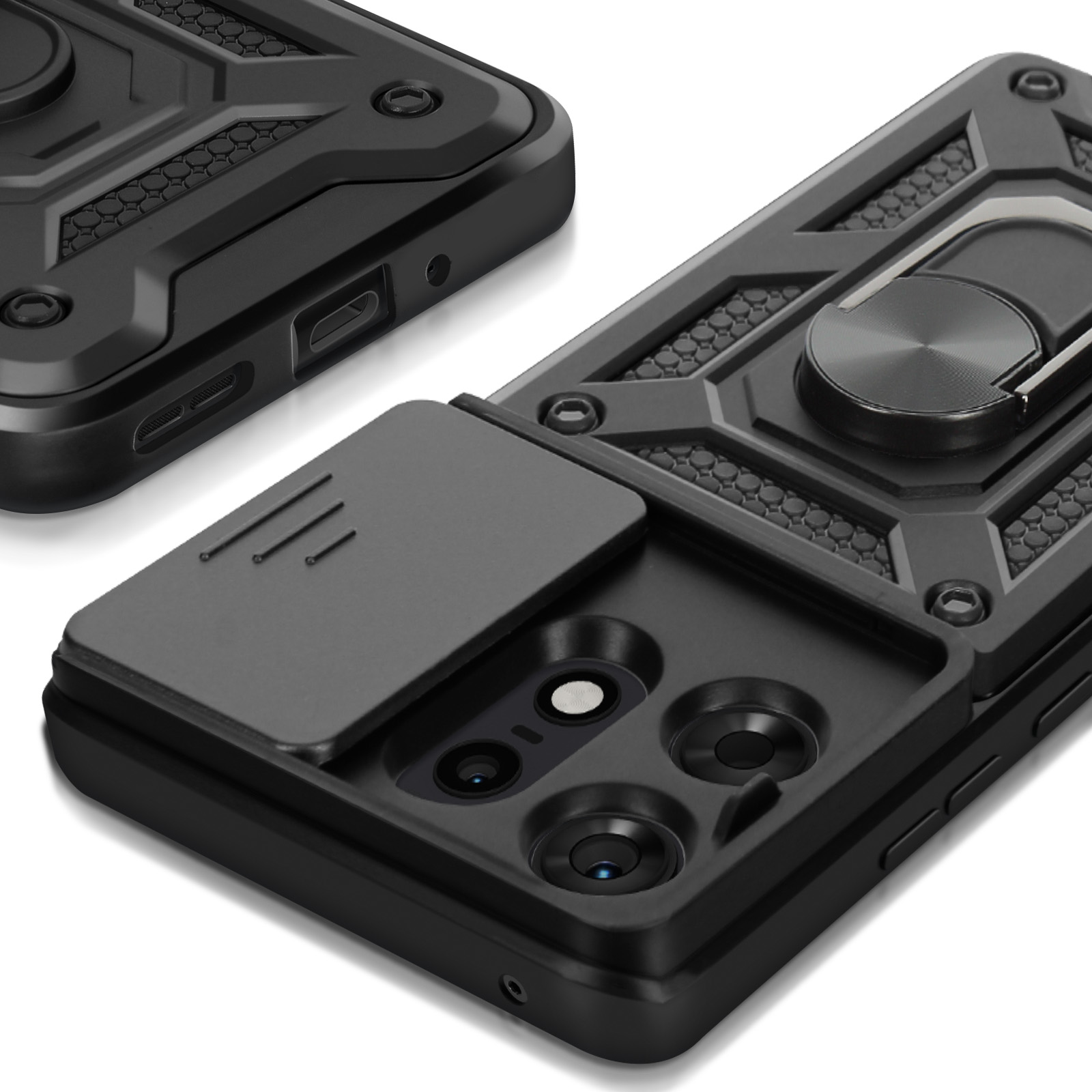 Una custodia per telefono nera con un supporto ad anello e una copertura scorrevole per la fotocamera.