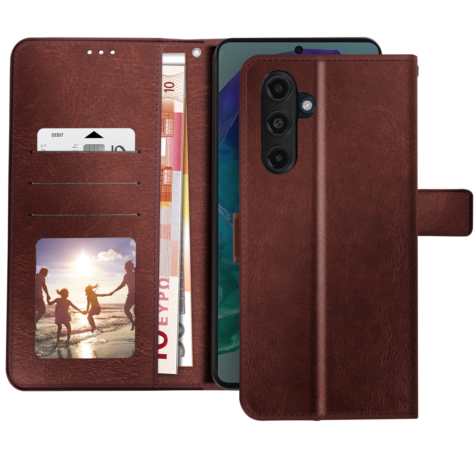 Custodia per telefono marrone, aperta, con telefono, carte e denaro all'interno. Presenta slot e tre fotocamere.