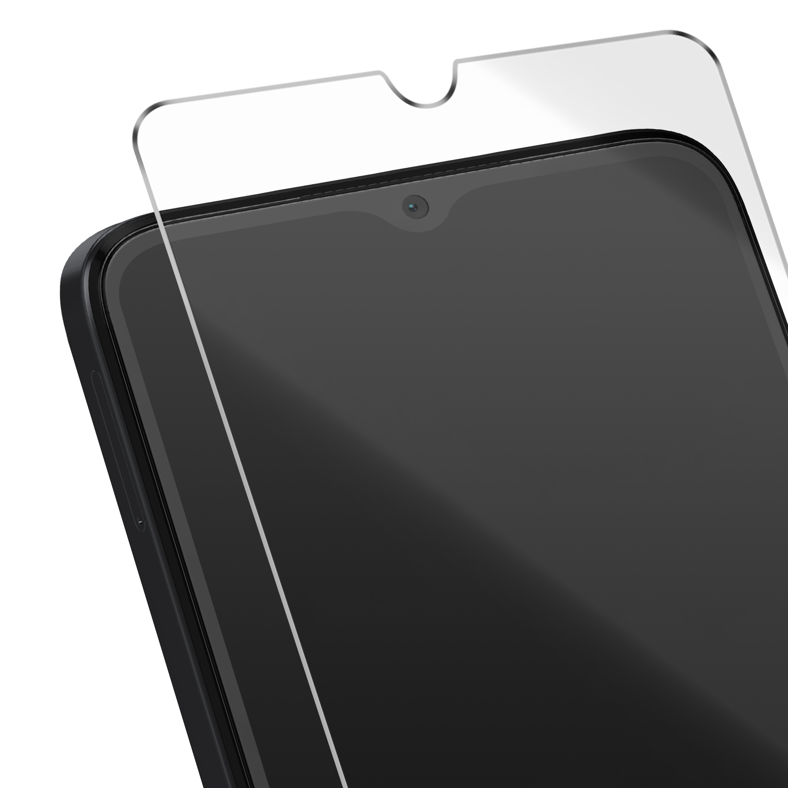 Primo piano di una protezione schermo applicata a un telefono nero, con un ritaglio per la fotocamera.