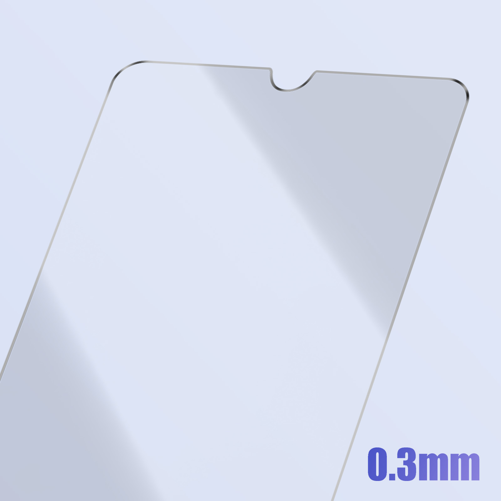 Proteggi schermo in vetro. Trasparente con angoli arrotondati. Testo viola: 0,3 mm.