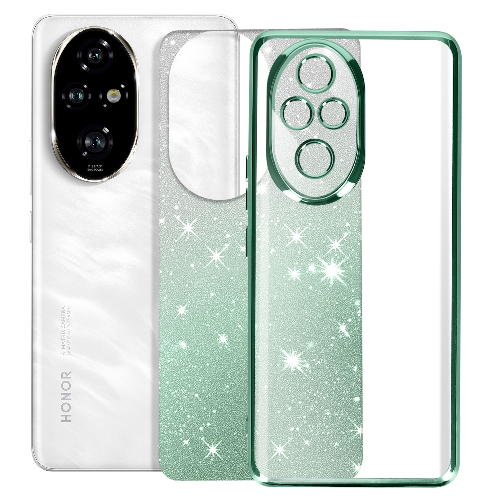 Uno smartphone bianco e argento con una custodia glitterata verde e una fotocamera a tripla lente.