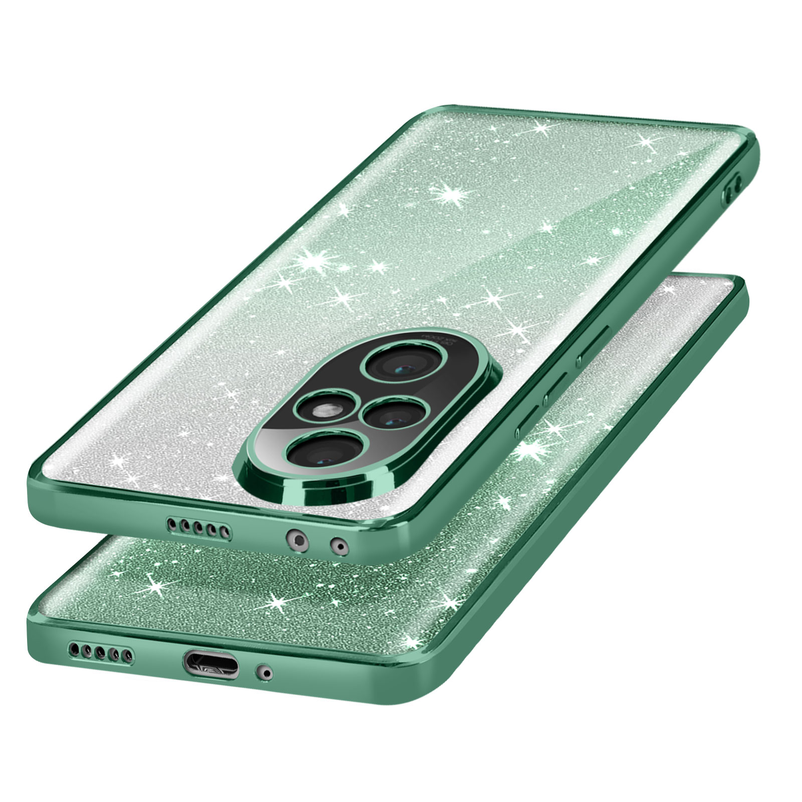 Custodia per telefono verde glitterata con tre lenti della fotocamera.