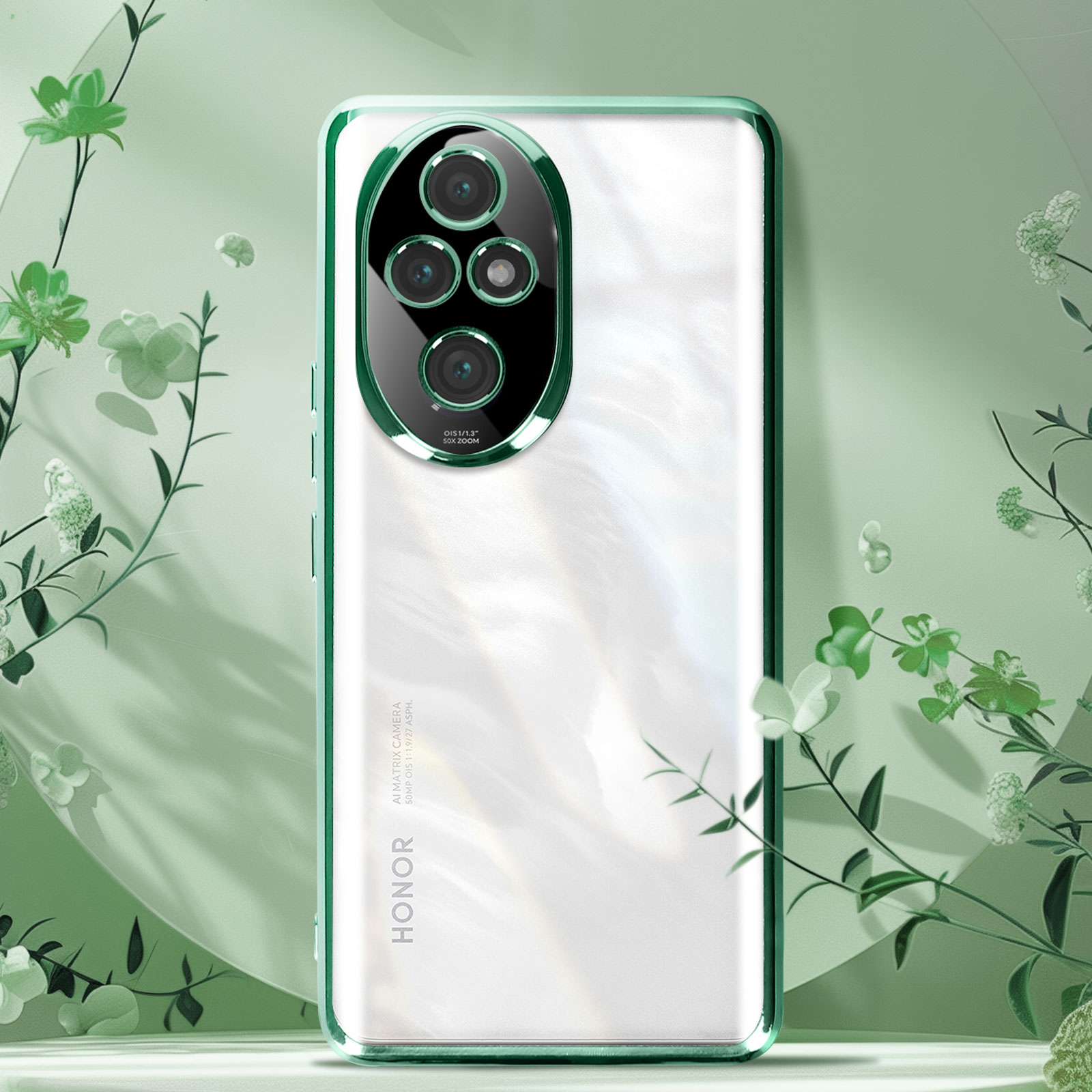 Retro di smartphone bianco con anello fotocamera verde e decorazione floreale sullo sfondo.