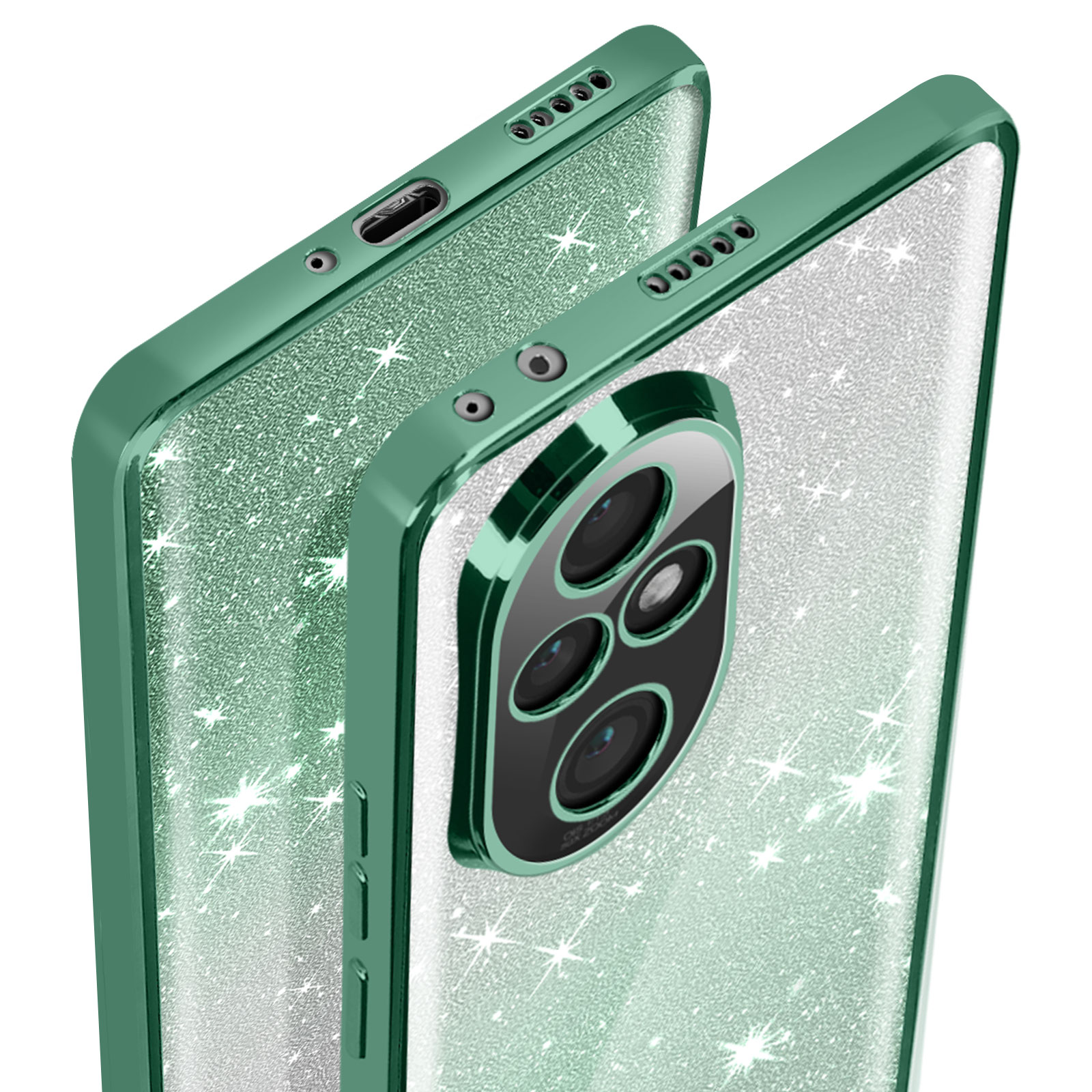 Custodia per telefono verde glitterata con ritaglio fotocamera. Effetto brillante con stelle.