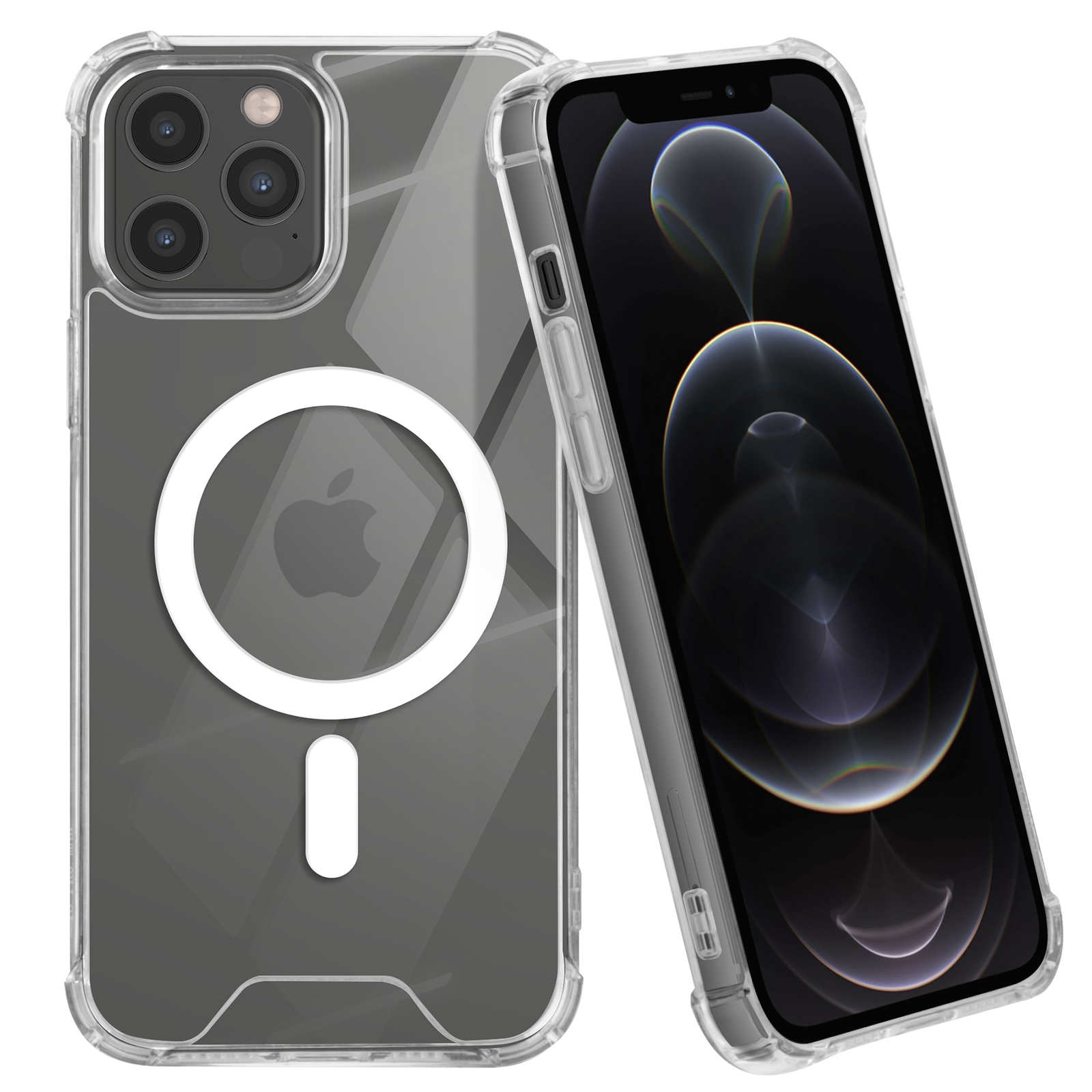 Custodia trasparente per telefono con cerchio bianco e logo Apple. Il telefono è a destra.