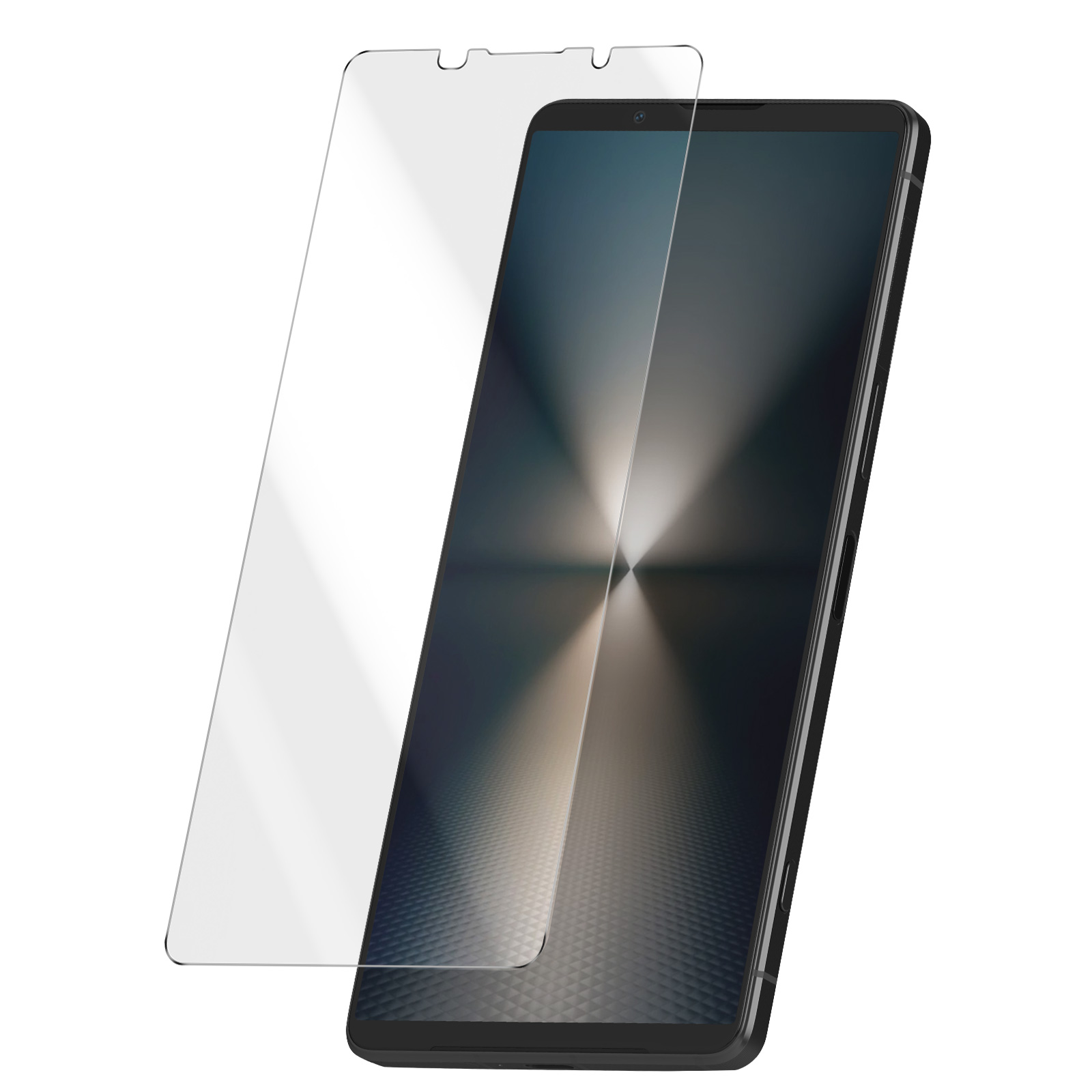 Smartphone con protezione schermo accanto, su sfondo bianco.