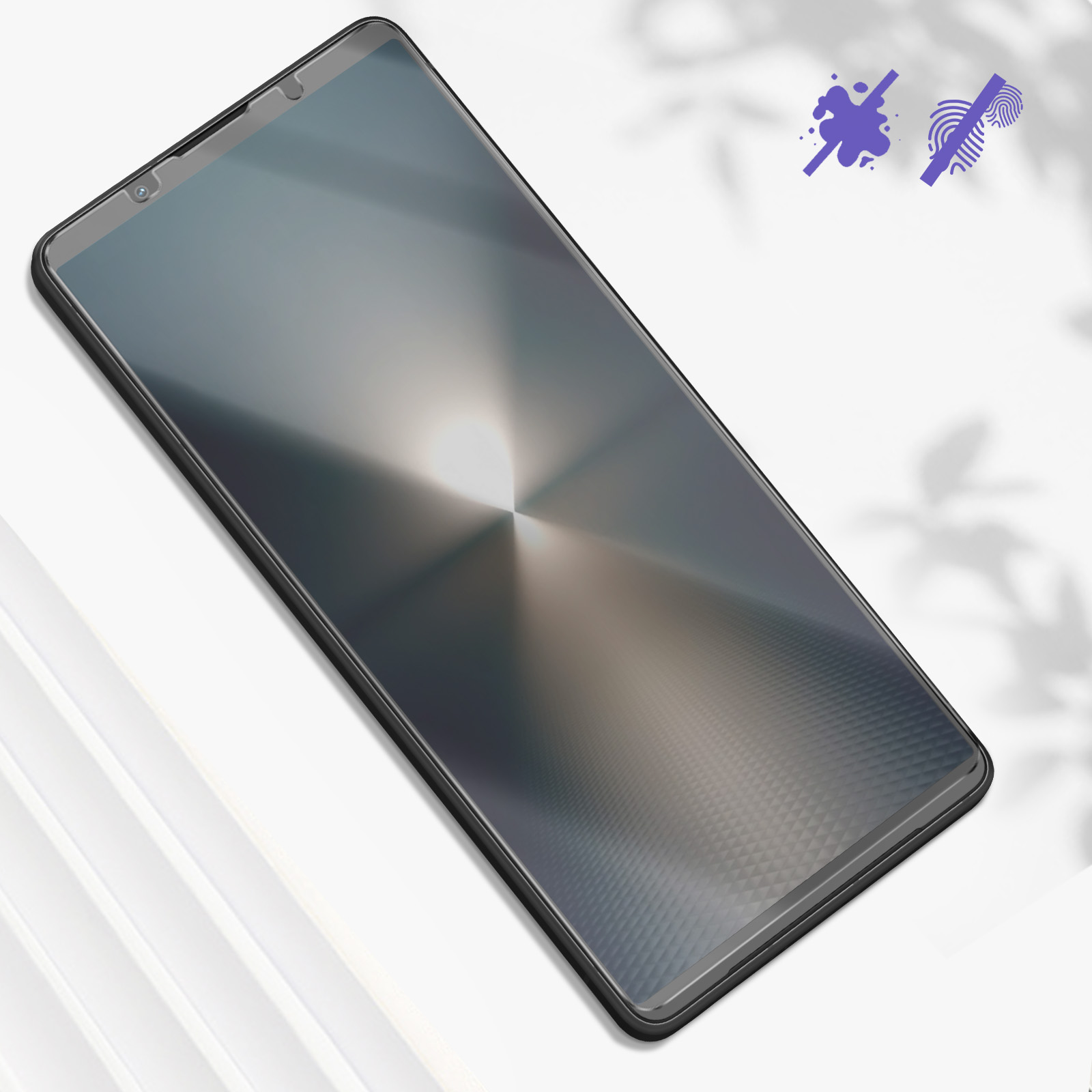 Schermo nero del telefono con superficie riflettente e icone di anti-impronte e gocce d'acqua.