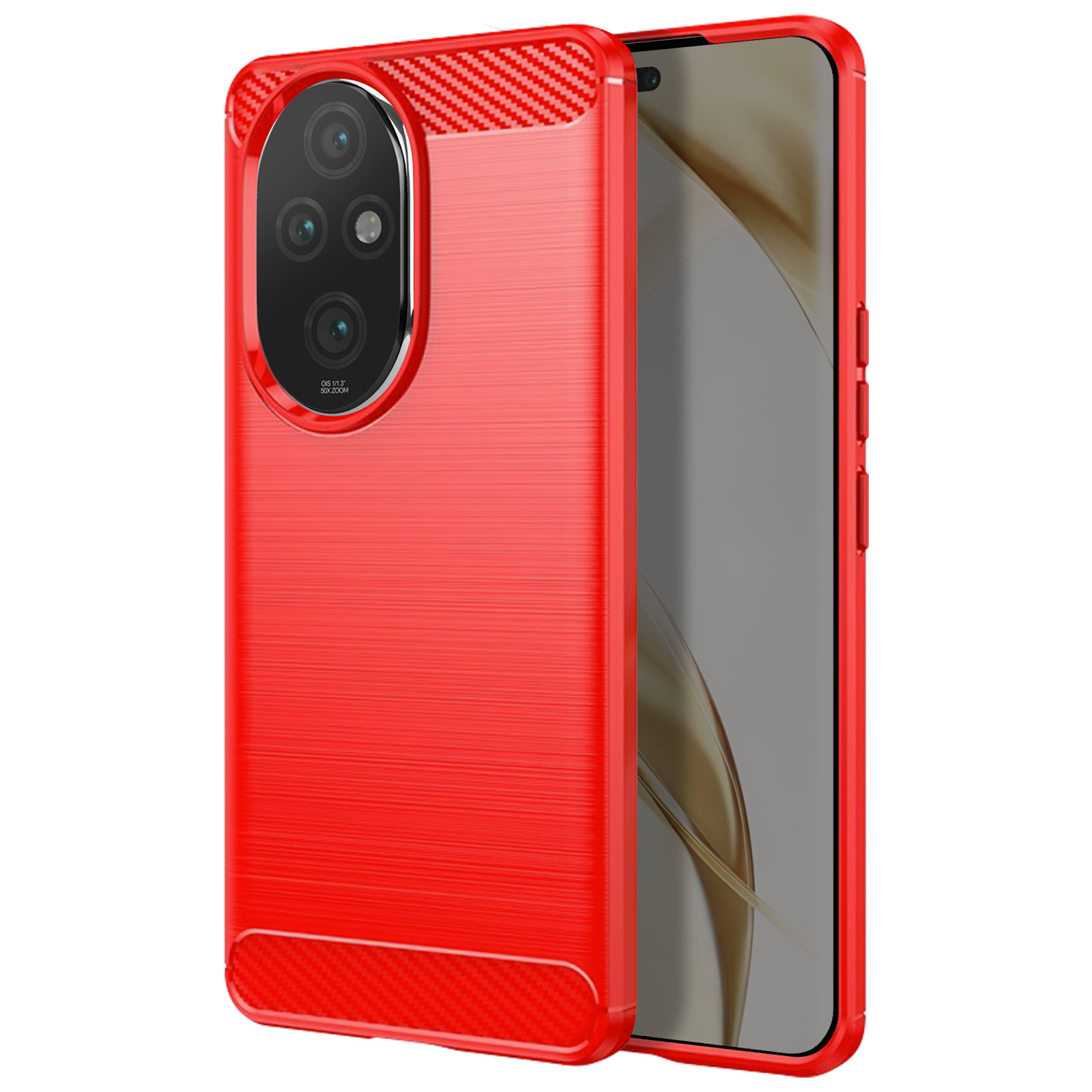 Una custodia rossa per telefono su sfondo bianco, con un telefono all'interno. La custodia ha un design strutturato.