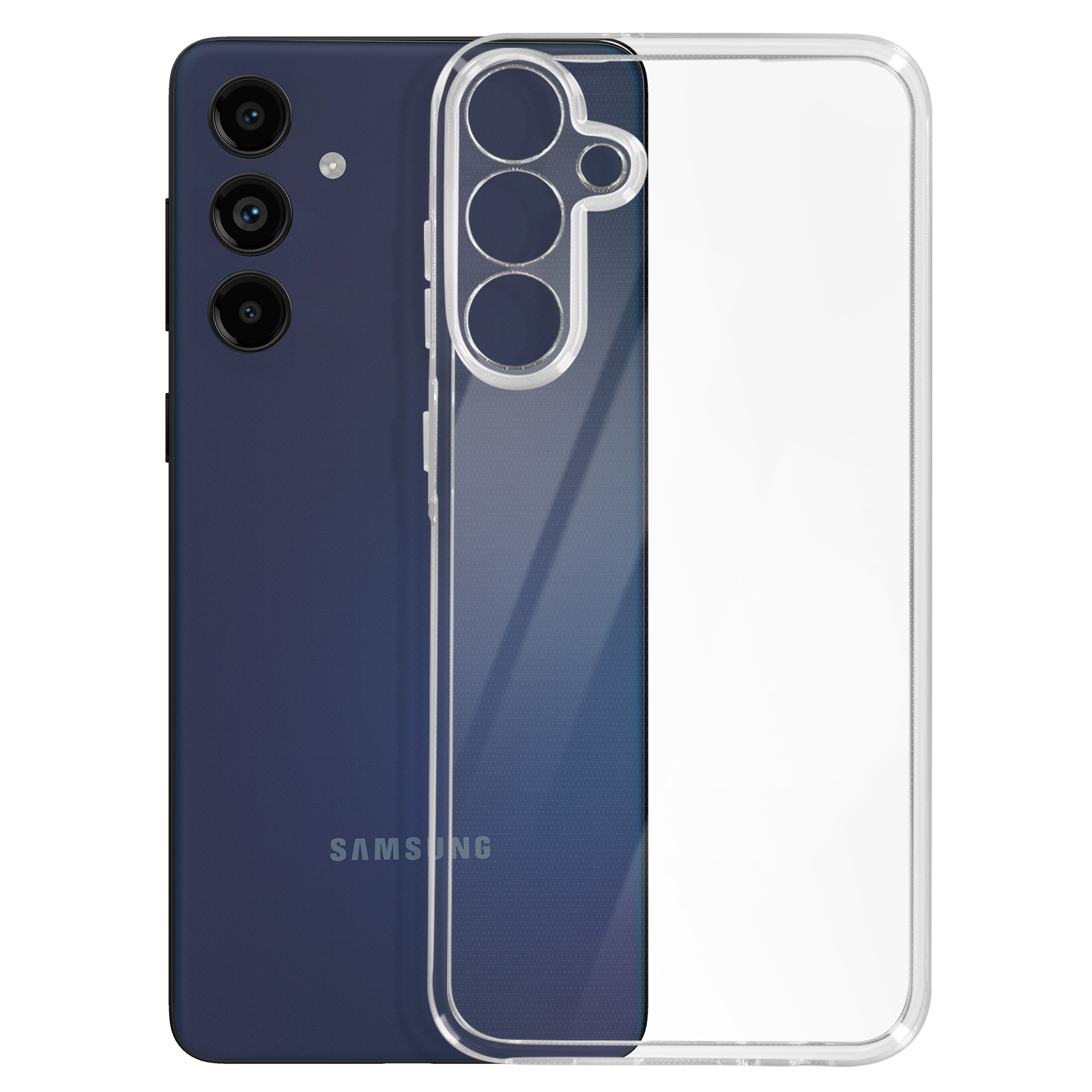 Telefono blu, custodia trasparente, con tre obiettivi su sfondo bianco.