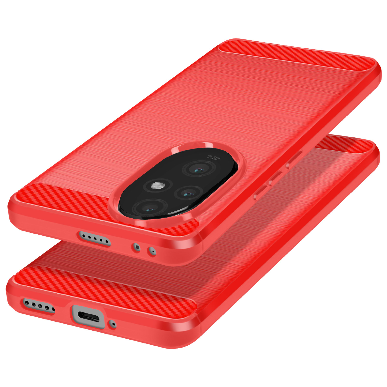 Custodia rossa per telefono con protuberanza della fotocamera. Custodia superiore e inferiore impilate.