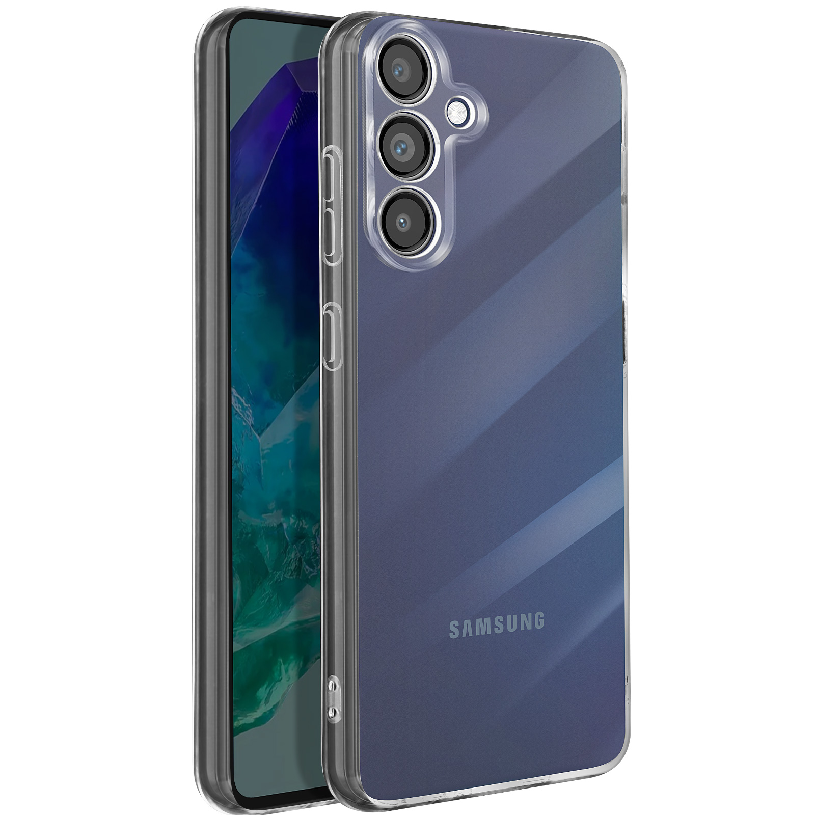 Custodia trasparente per telefono su un telefono. Tre obiettivi della fotocamera visibili. Sfondo bianco.
