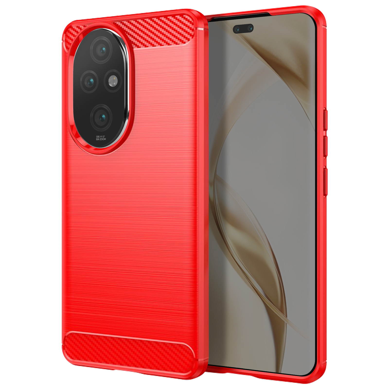 Una custodia per telefono rossa con un rigonfiamento per la fotocamera e uno schermo del telefono a destra.