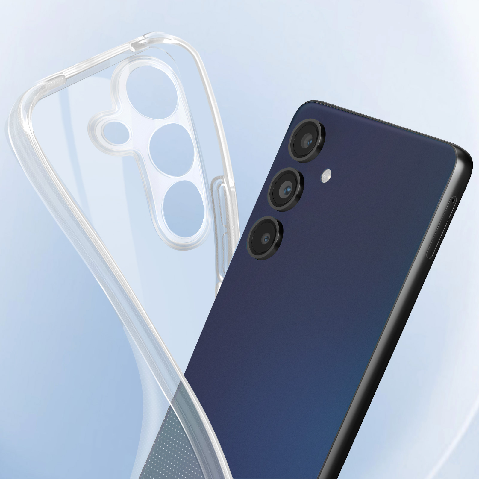 Un telefono blu con tre fotocamere posteriori e una custodia protettiva trasparente. Il telefono è angolato.