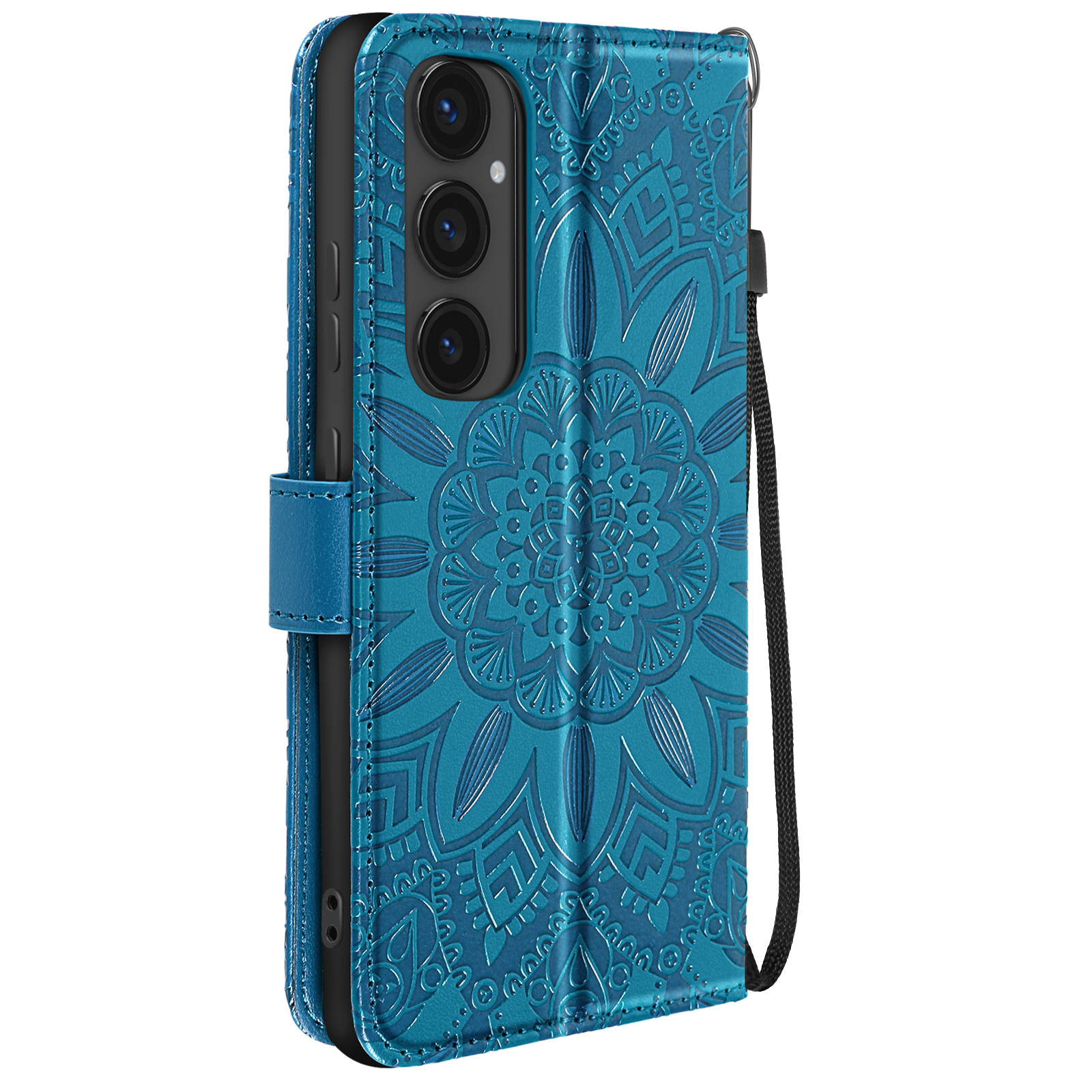 Custodia blu con design floreale in rilievo e cinturino da polso.