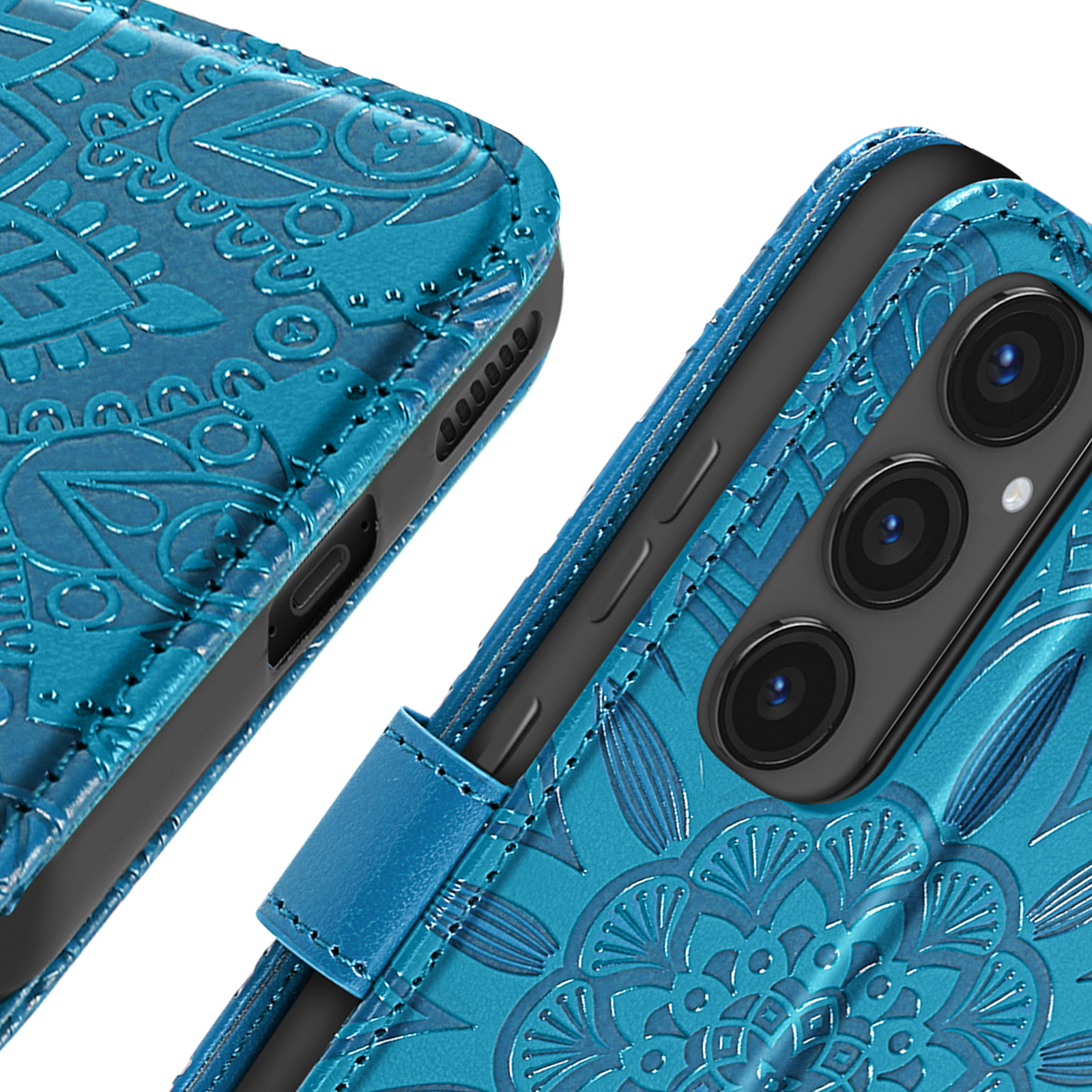Custodia per telefono blu con motivo floreale. La custodia è aperta, mostrando il telefono e le lenti della fotocamera.