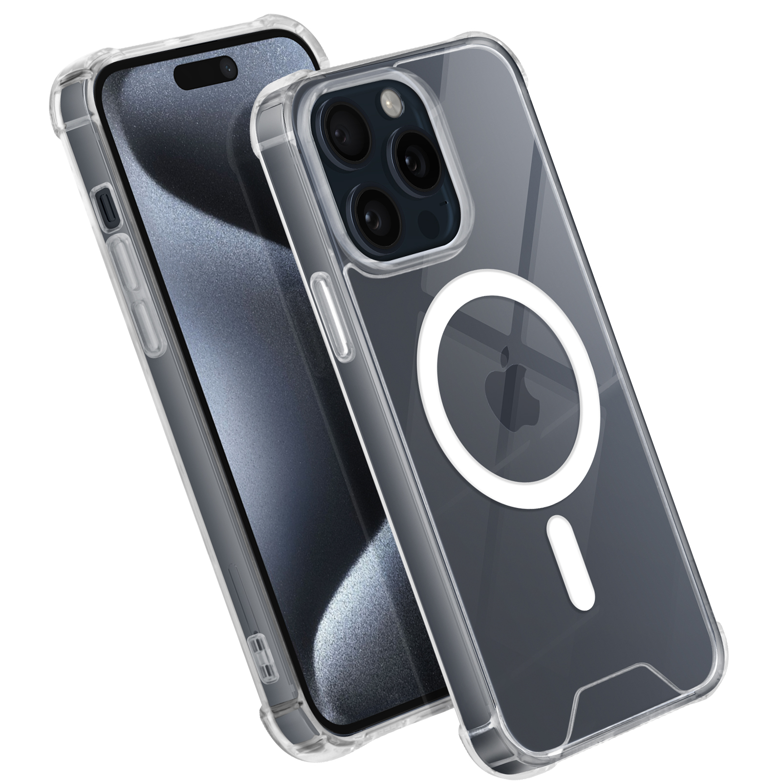 Custodia trasparente per telefono su un telefono nero. La custodia ha un anello magnetico.