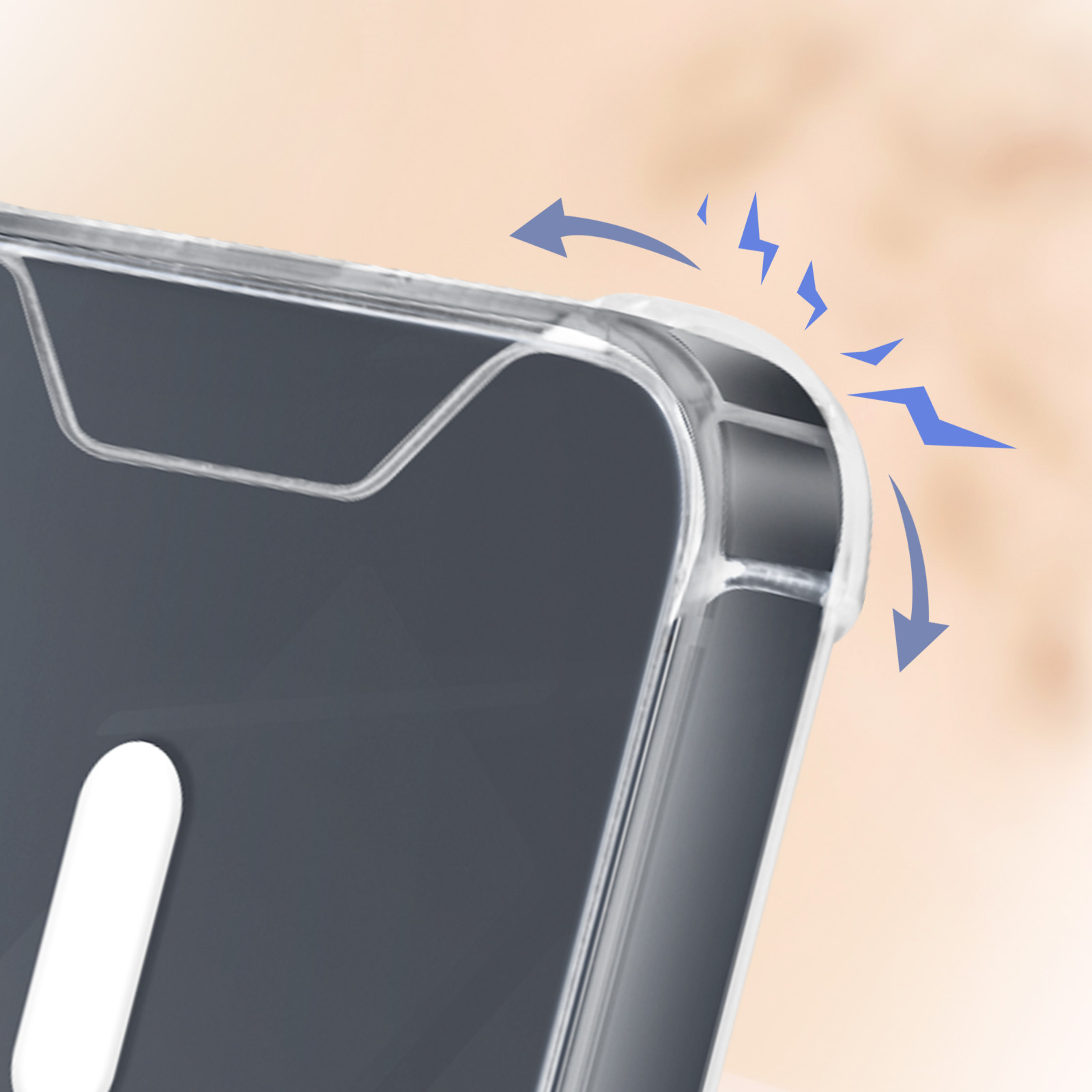 Un angolo di una custodia trasparente per telefono, che mostra le caratteristiche di protezione e una piccola apertura bianca.