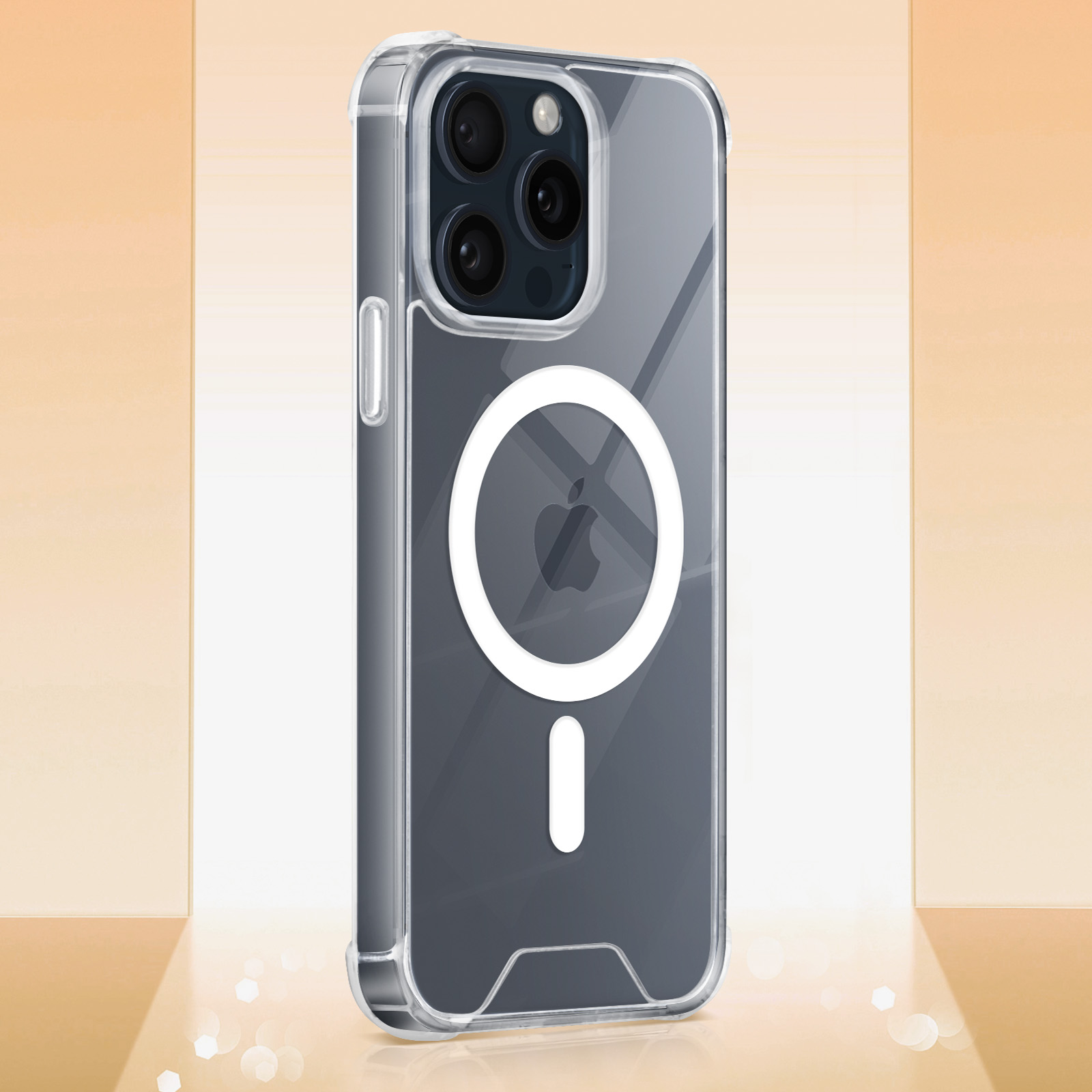 Una custodia trasparente per telefono con un cerchio bianco e un segno meno. Il telefono è all'interno.