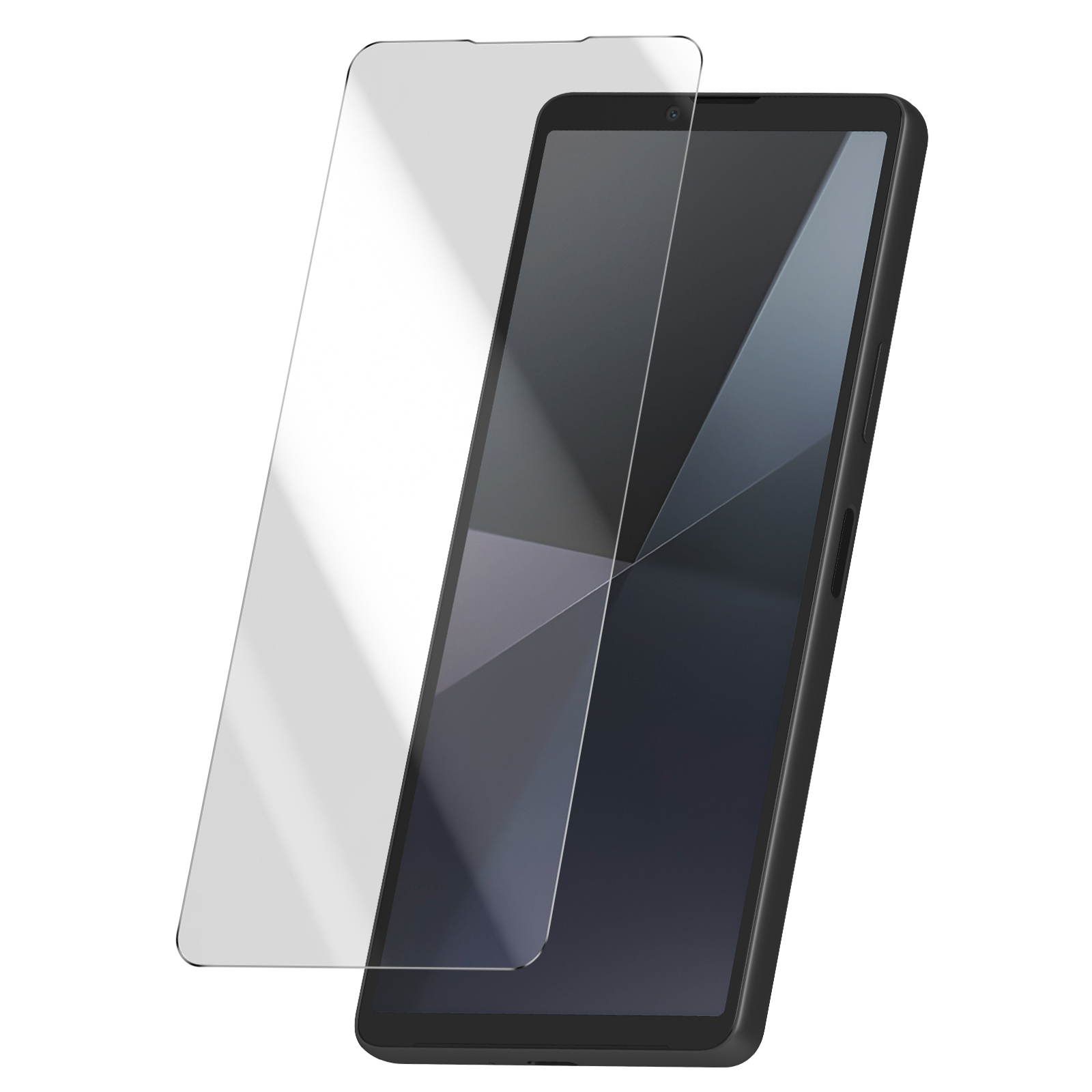 Smartphone con protezione schermo sopra, su sfondo bianco.