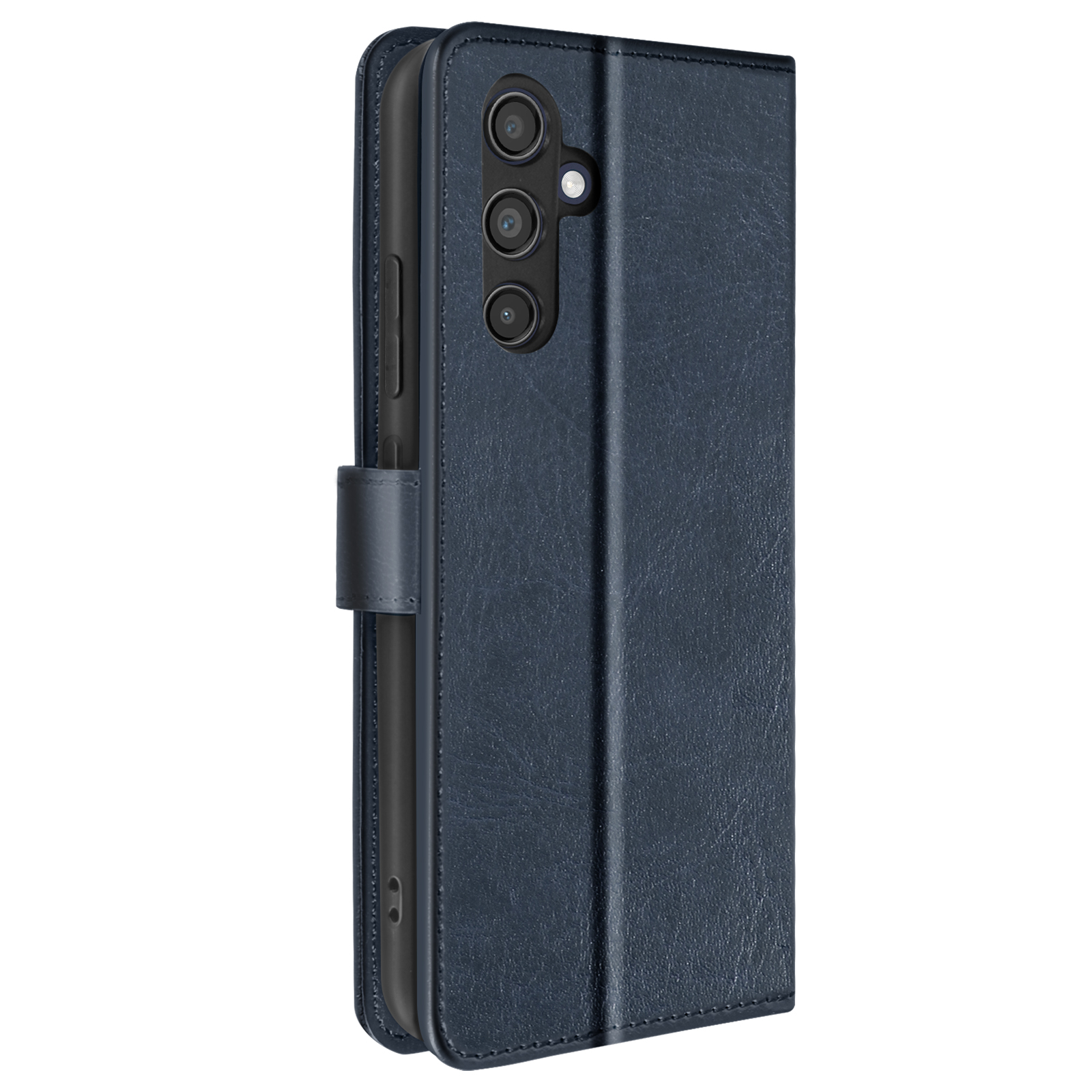 Eine blaue Leder-Handyhülle mit dreifachen Kameraobjektiven auf der Rückseite.