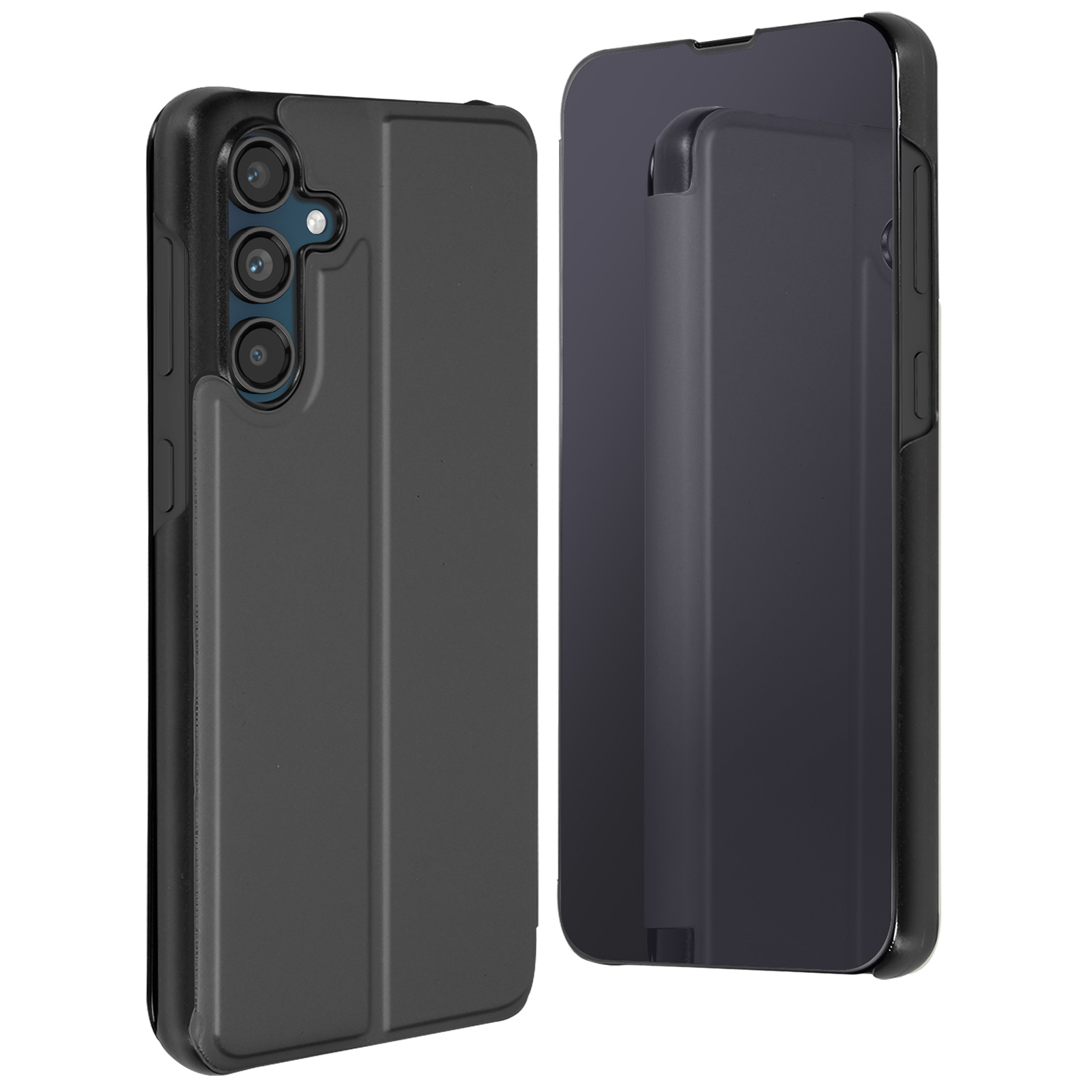Una custodia per telefono nera, aperta per rivelare un telefono. Il telefono ha più fotocamere.