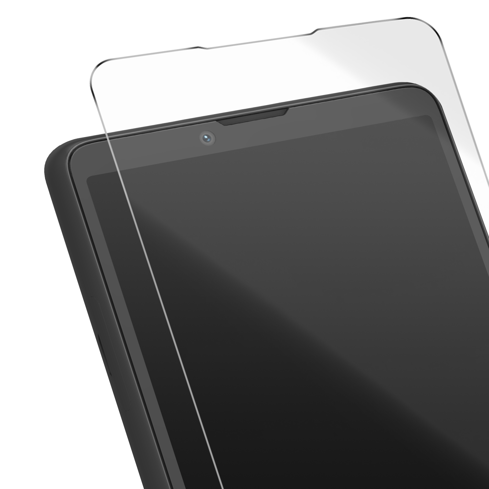 Uno smartphone con protezione schermo applicata. Il telefono è nero, con fotocamera e protezione in vetro.