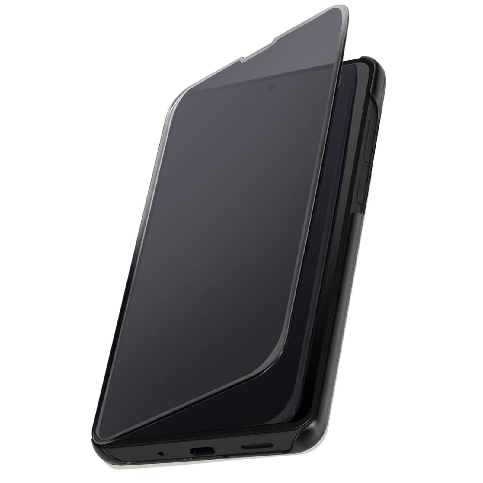 Smartphone nero con custodia aperta. È su una superficie bianca.