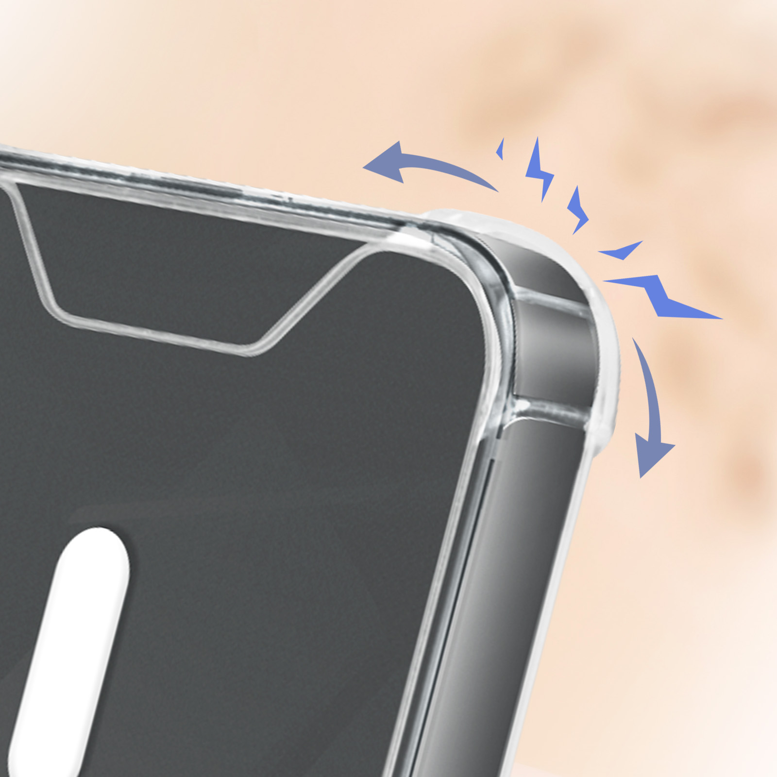 Primo piano di un angolo di custodia del telefono con linee di impatto.