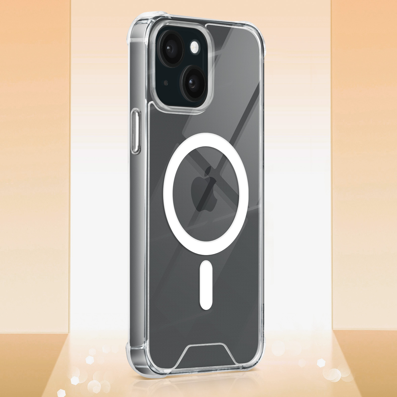 Custodia trasparente per telefono con logo Apple. Sfondo grigio con sfumatura dorata.