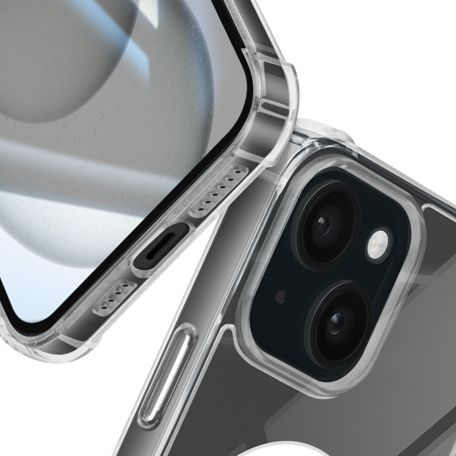 Una custodia rossa per telefono con un rilievo per la fotocamera e una chiusura magnetica. La custodia è aperta.