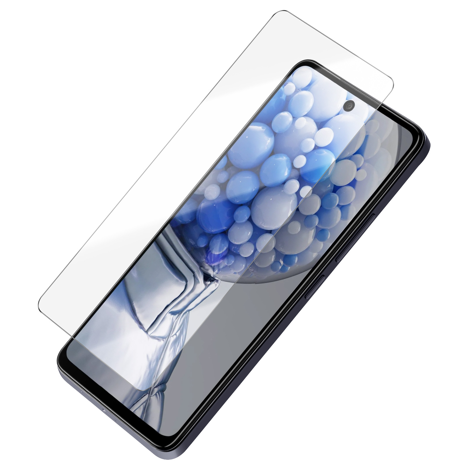 Telefono con protezione schermo, sfondo blu e bianco.