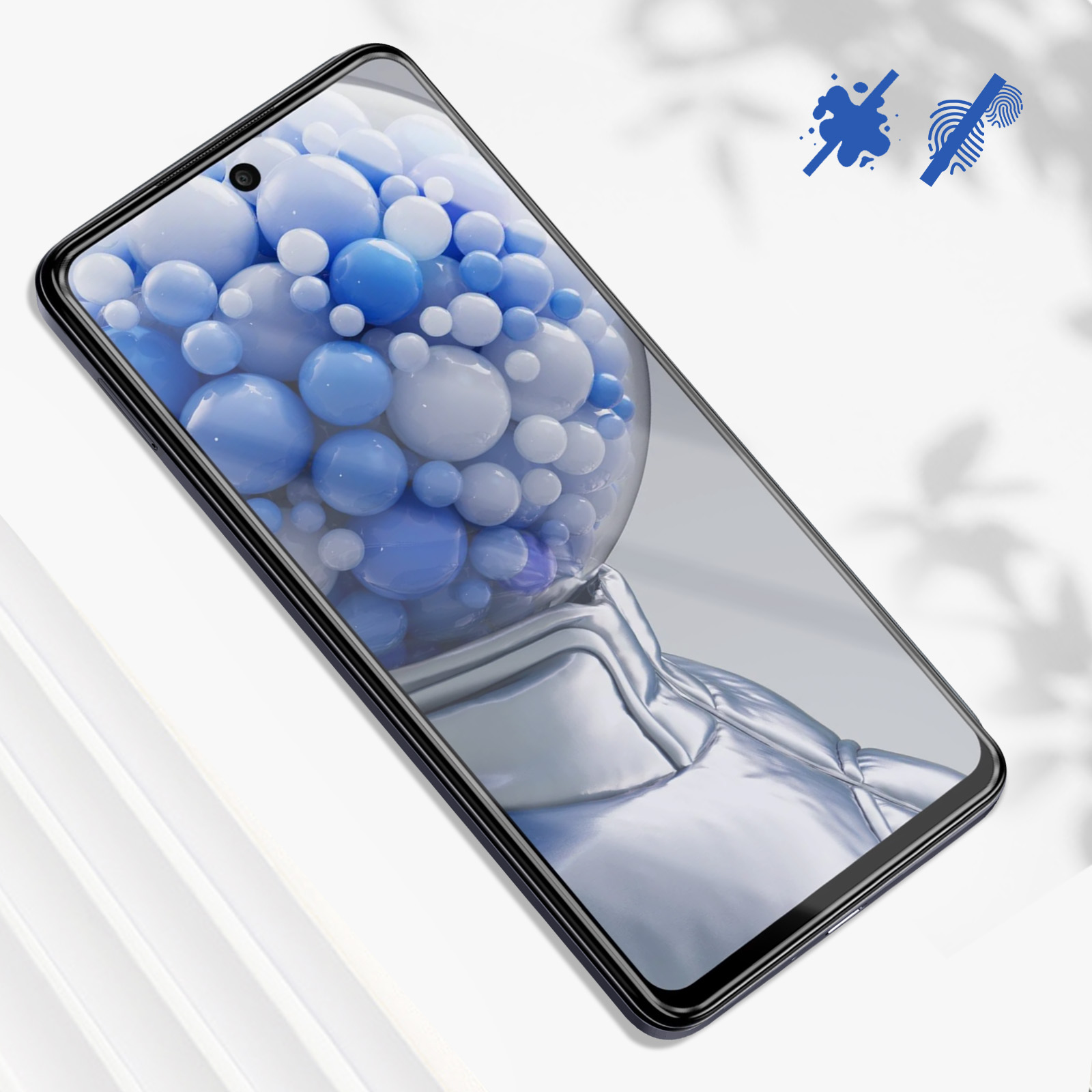 Schermo smartphone con sfondo astratto blu e bianco, cornice nera.