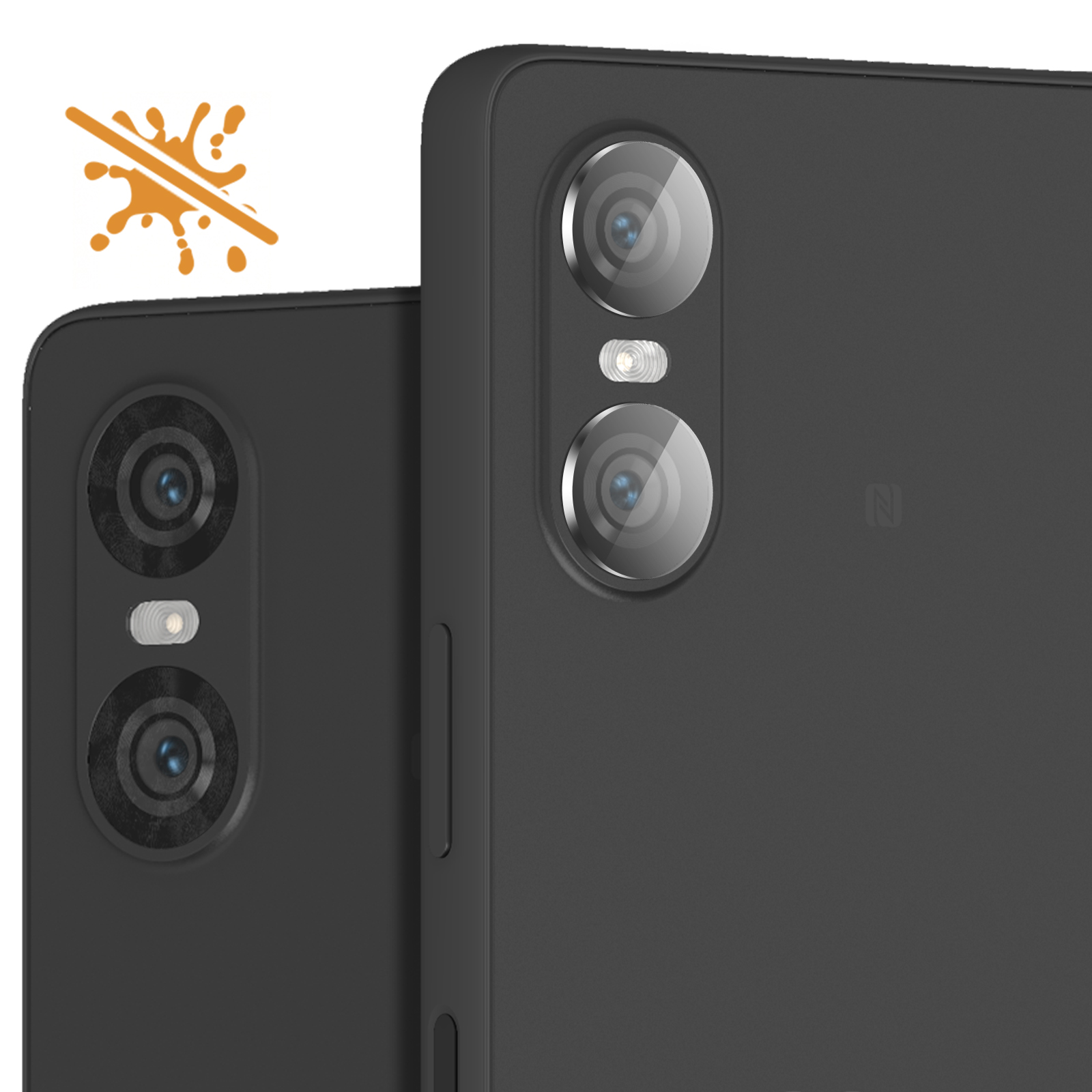 Telefono nero con doppia fotocamera e custodia protettiva.