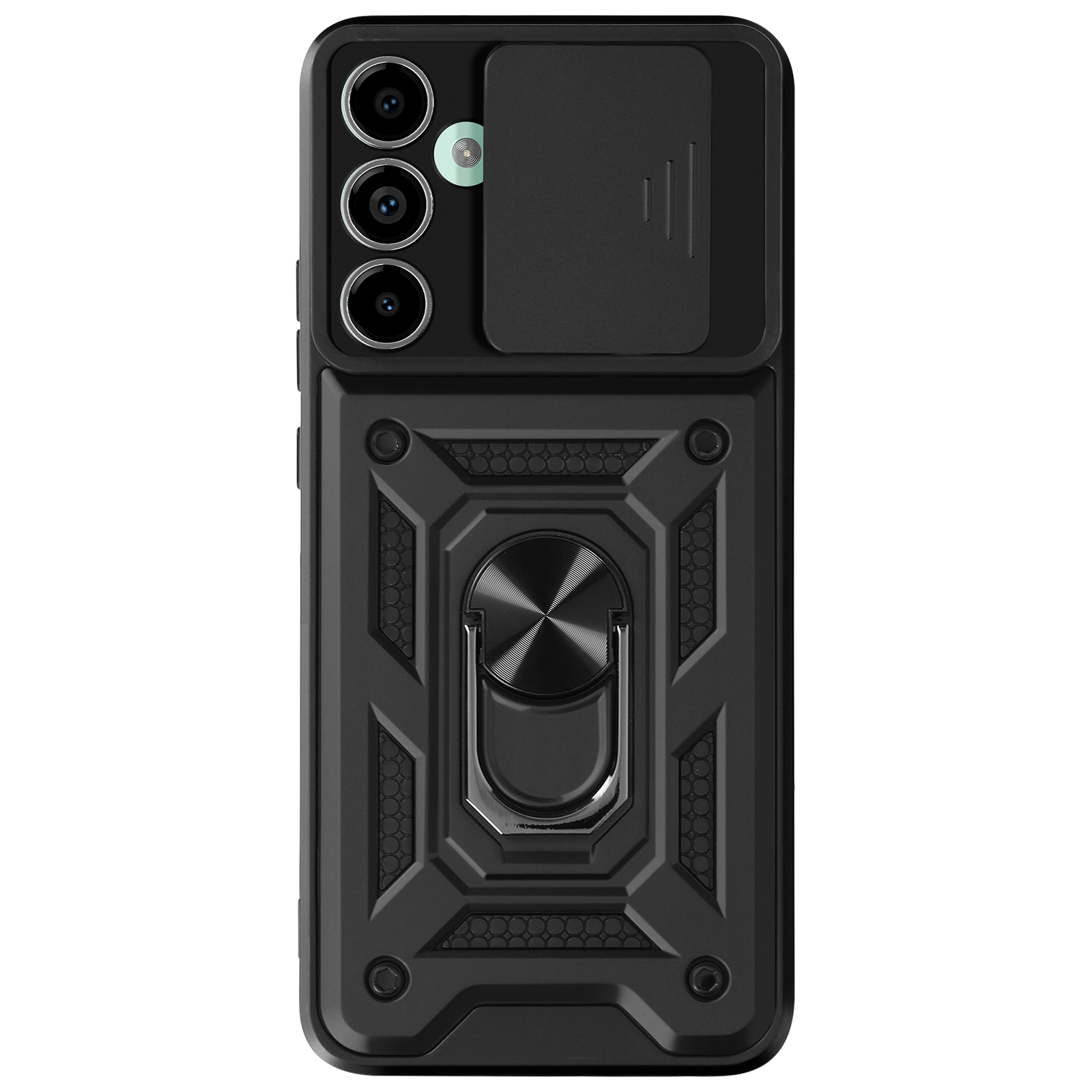 Custodia nera per telefono con anello. Tre obiettivi della fotocamera.