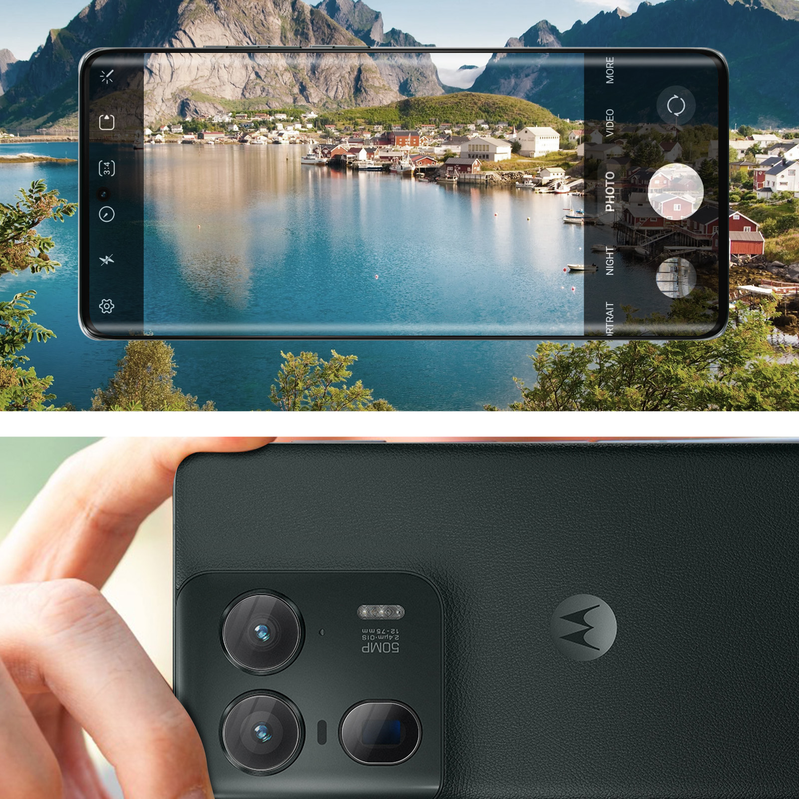 Un telefono sta scattando una foto di un paesaggio panoramico. L'interfaccia della fotocamera del telefono è visibile.