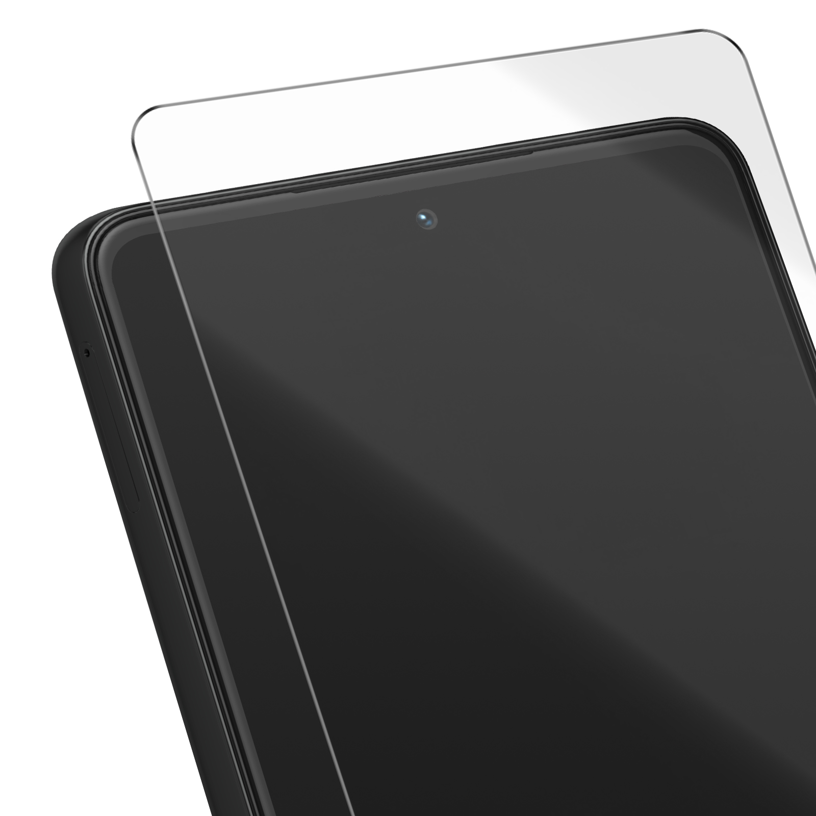 Primo piano di un telefono nero con una protezione per lo schermo applicata. La protezione è trasparente.