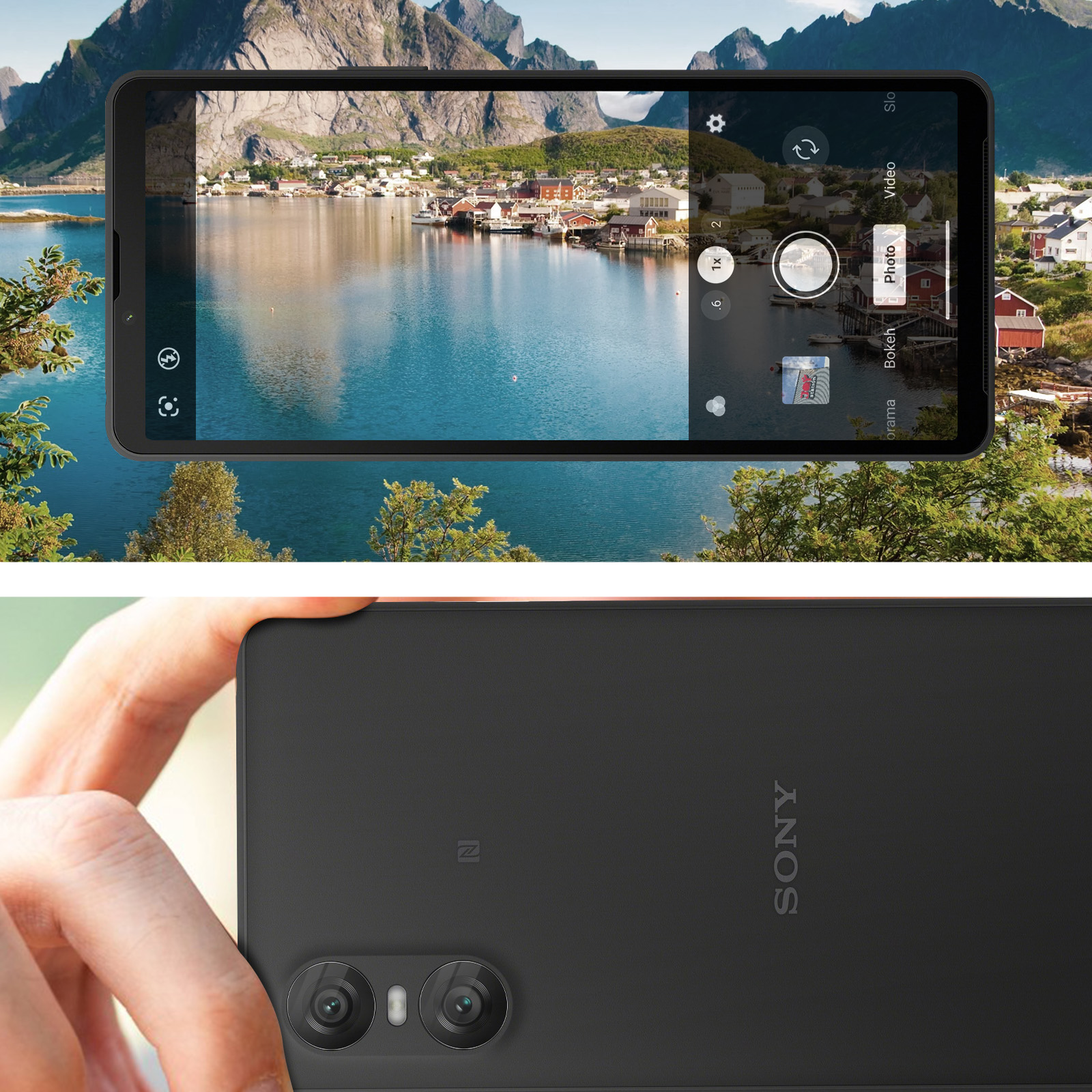 Un telefono mostra una vista del paesaggio, l'interfaccia della fotocamera è visibile. Una mano tiene il telefono.