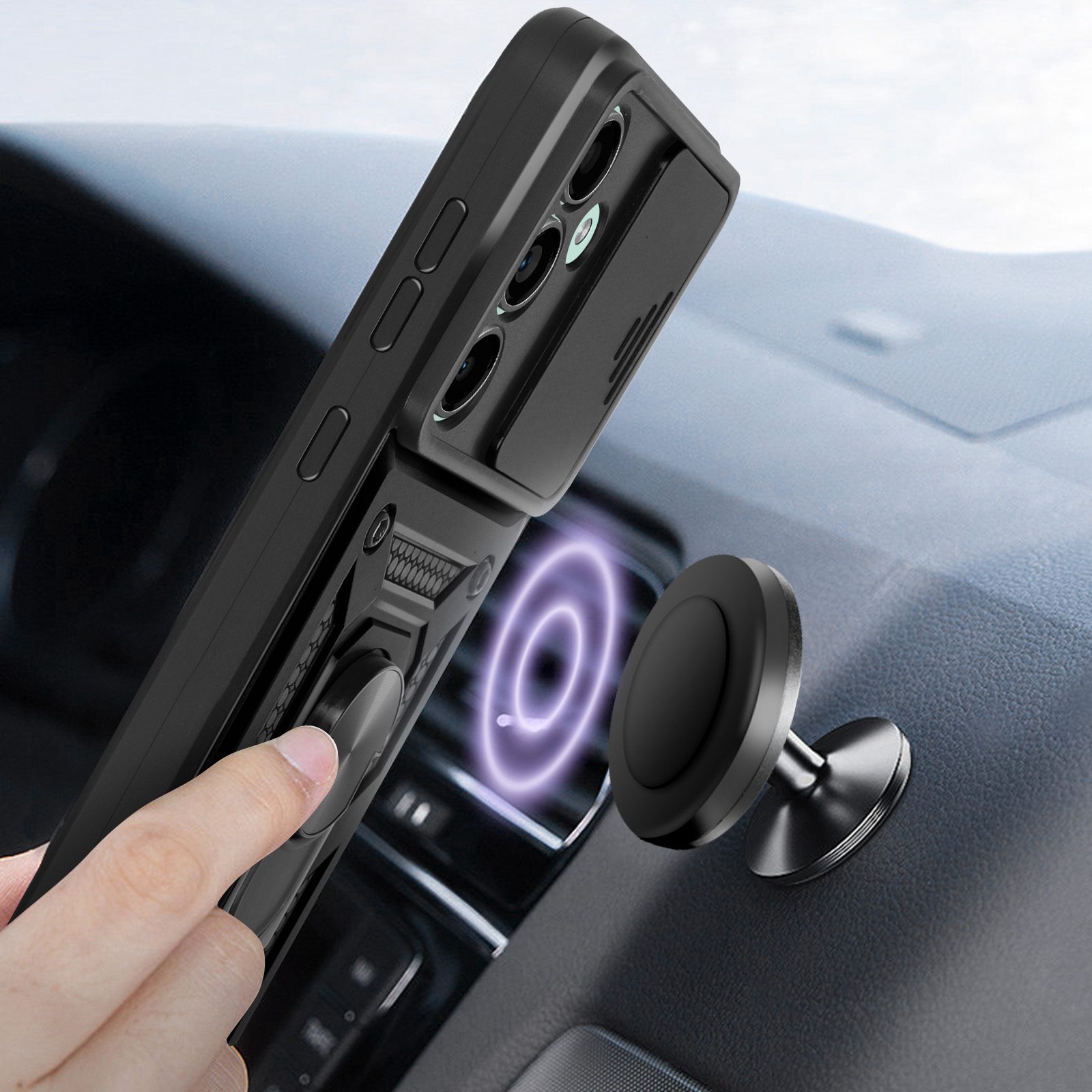 Custodia nera per telefono con supporto magnetico per auto e una mano che interagisce.