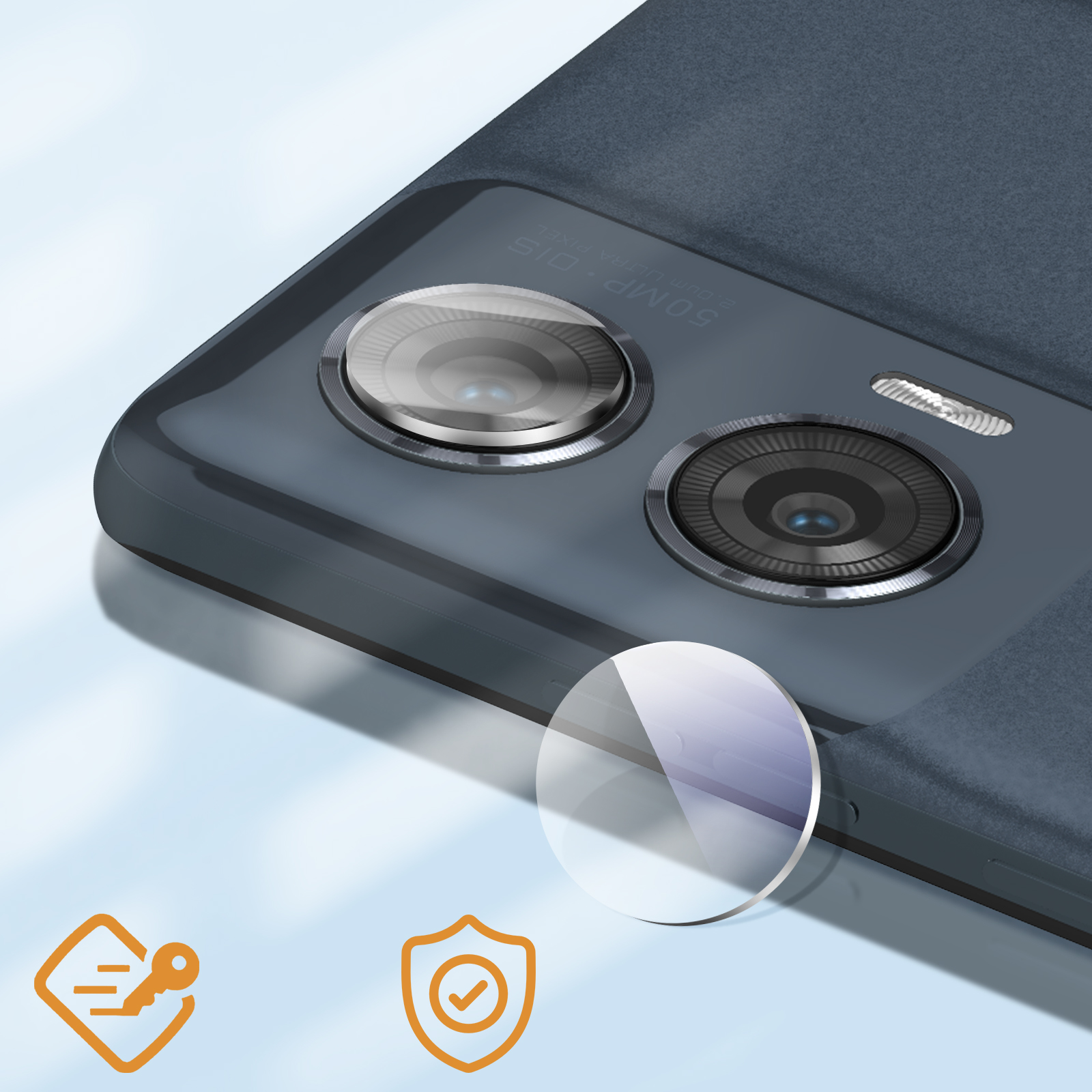 Primo piano di un telefono con un obiettivo della fotocamera e due icone. Il telefono è blu scuro.