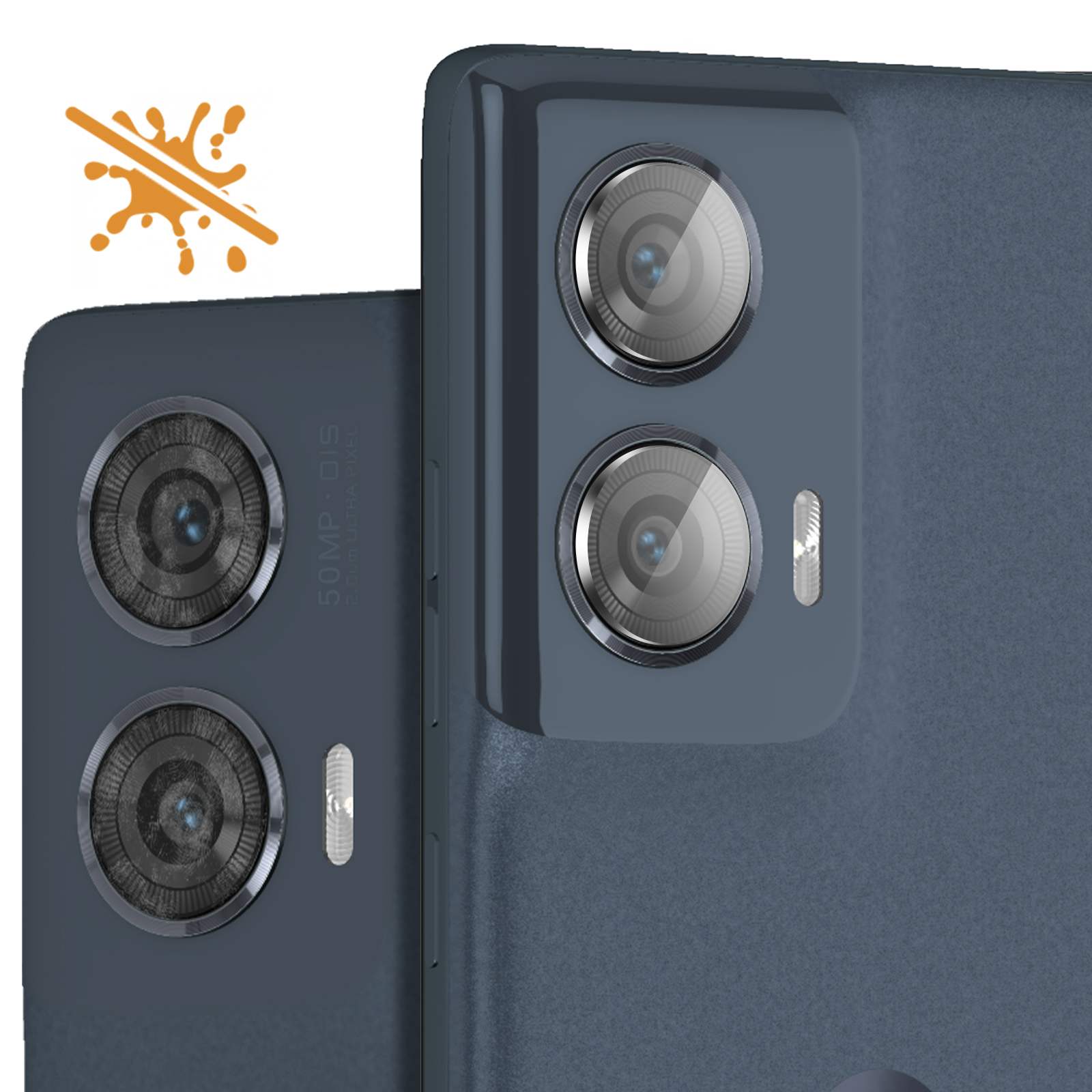Primo piano di due telefoni blu scuro con configurazione a tripla fotocamera e un'icona di spruzzo.