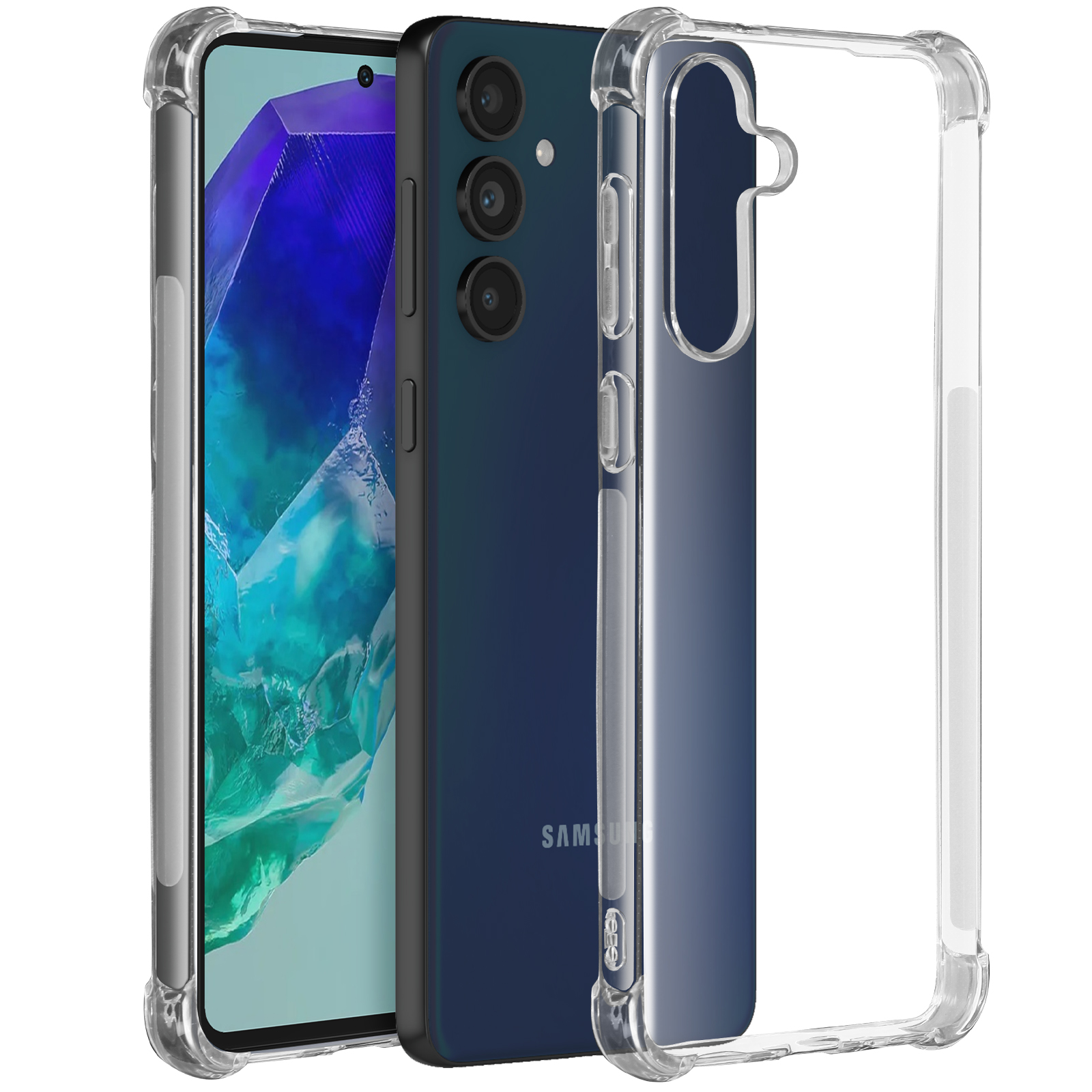 Telefono blu con custodia. Custodia trasparente sul lato.