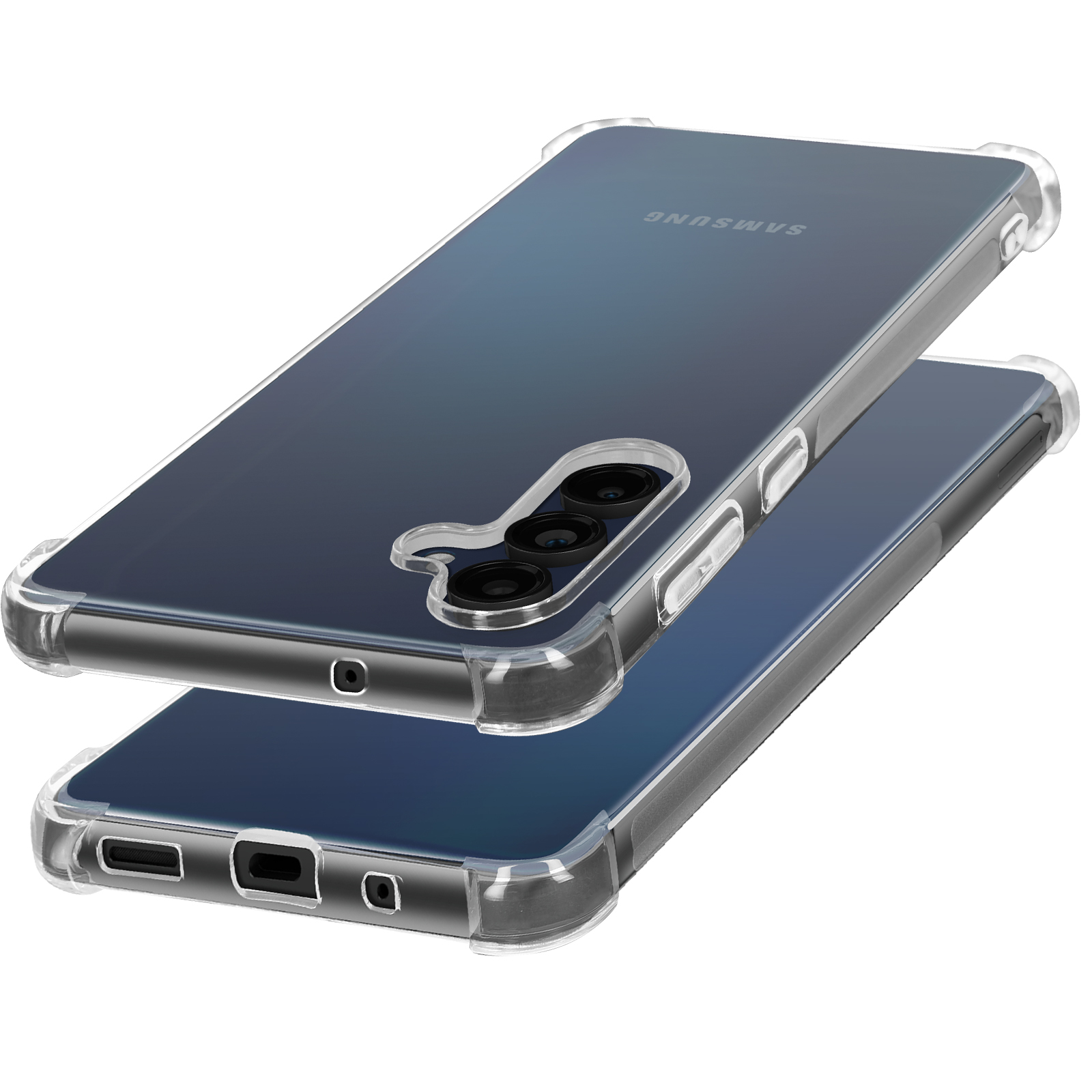 Due custodie trasparenti per telefono, che mostrano un telefono all'interno con la fotocamera e le porte visibili.