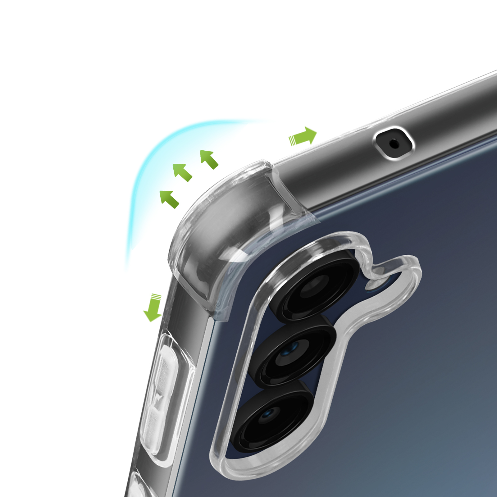 Una vista ravvicinata di una custodia trasparente per telefono che protegge le lenti della fotocamera di un telefono. Le frecce verdi indicano la protezione.
