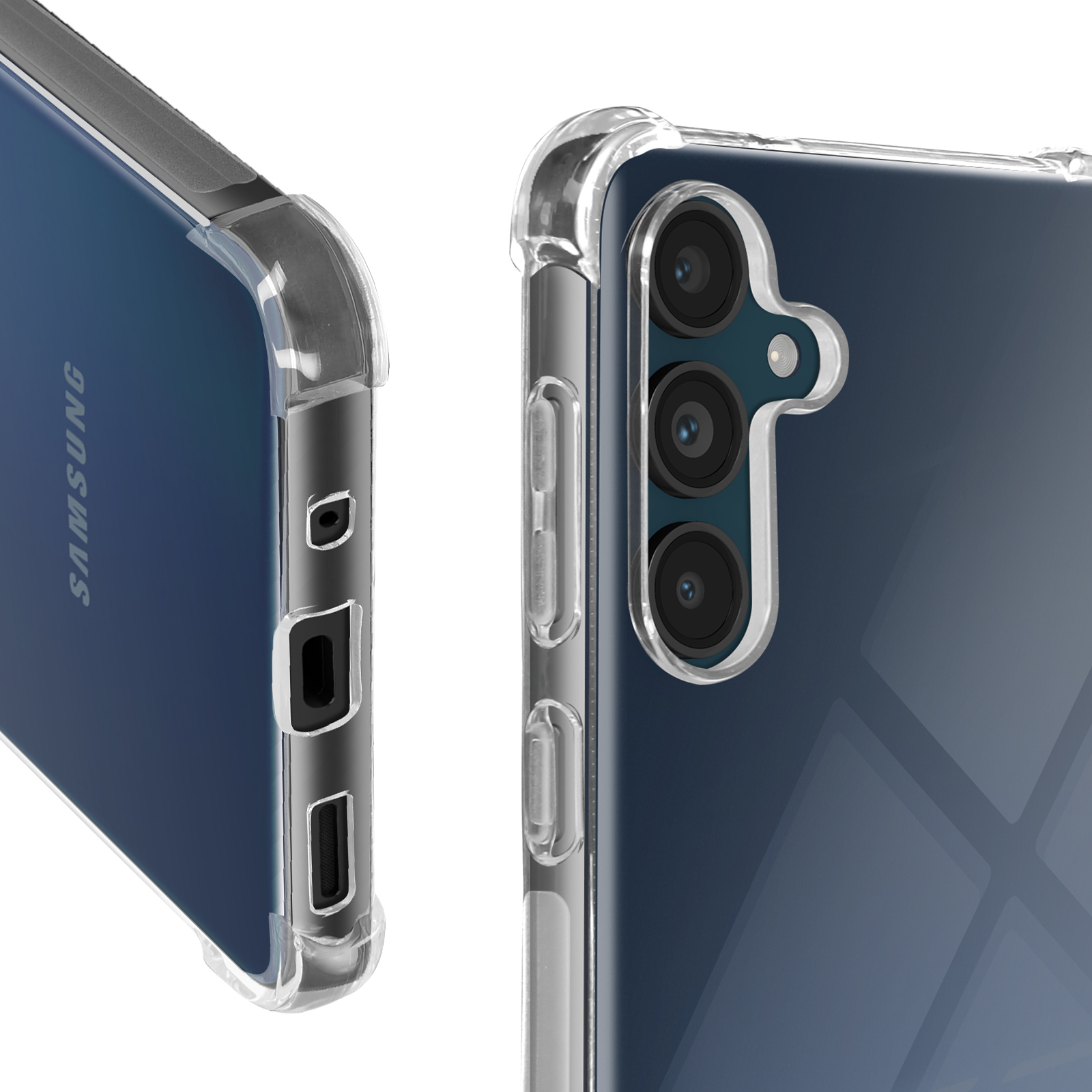 Primo piano di una custodia trasparente su un telefono blu con tre lenti.