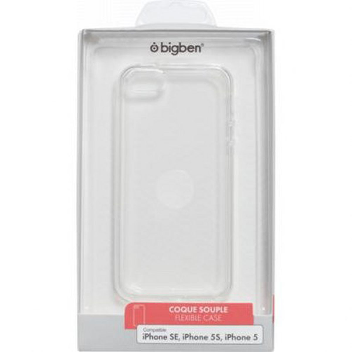 Custodia trasparente per telefono in una scatola, testo 'COQUE SOUPLE FLEXIBLE CASE' e compatibilità iPhone.